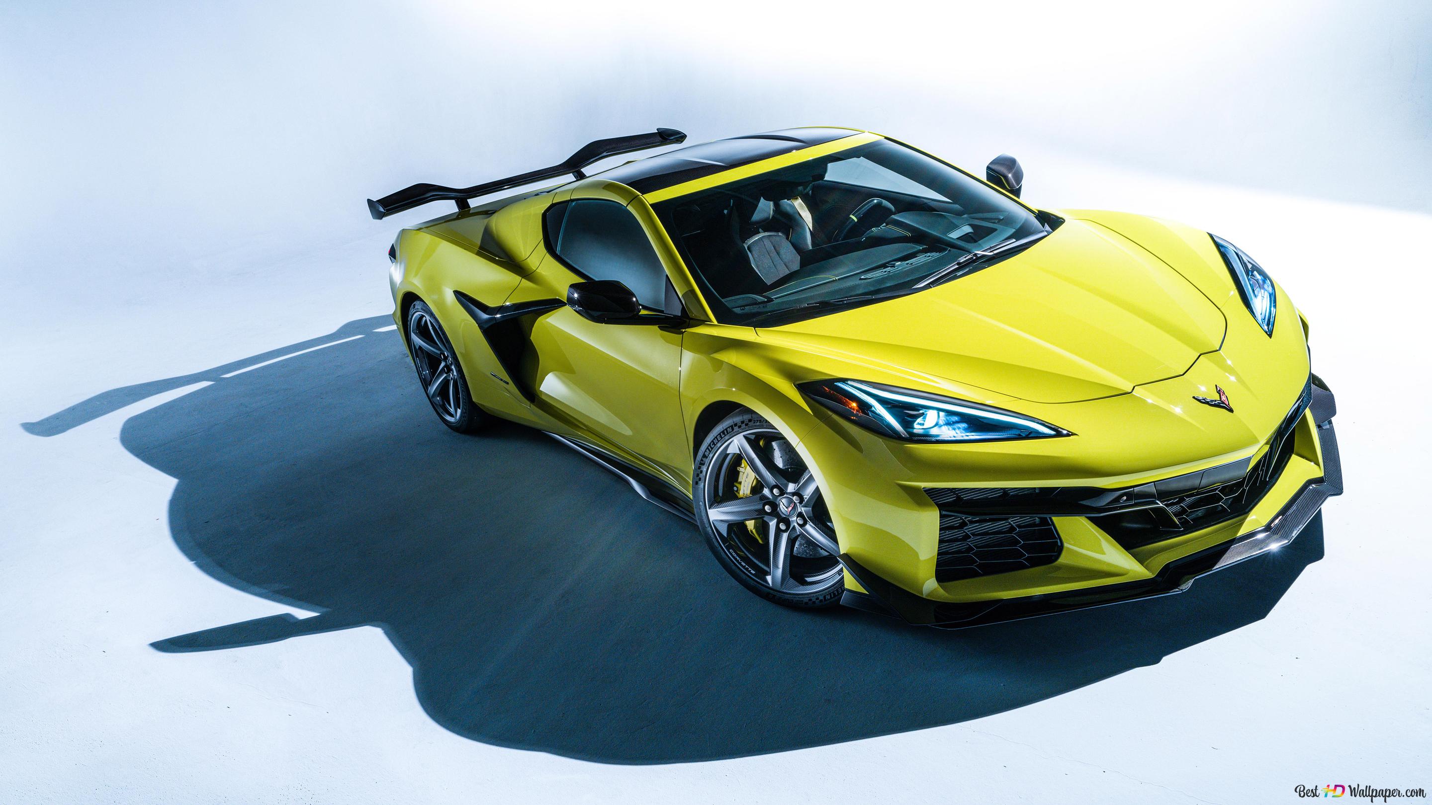 Chevrolet Corvette Z06 2023 yellow front and side view 4K wallpaper download