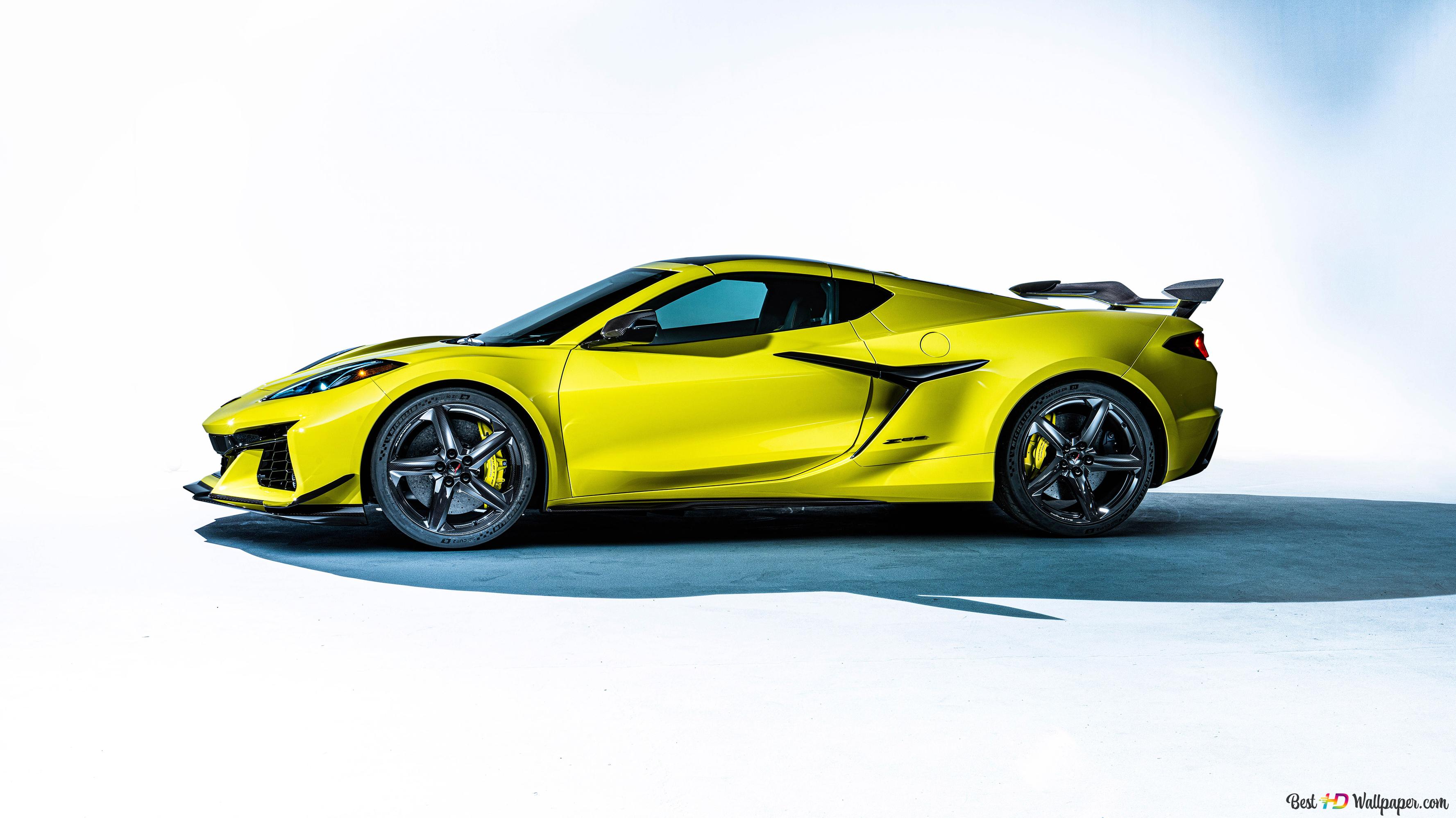 Chevrolet Corvette Z06 2023 yellow side view 4K wallpaper download