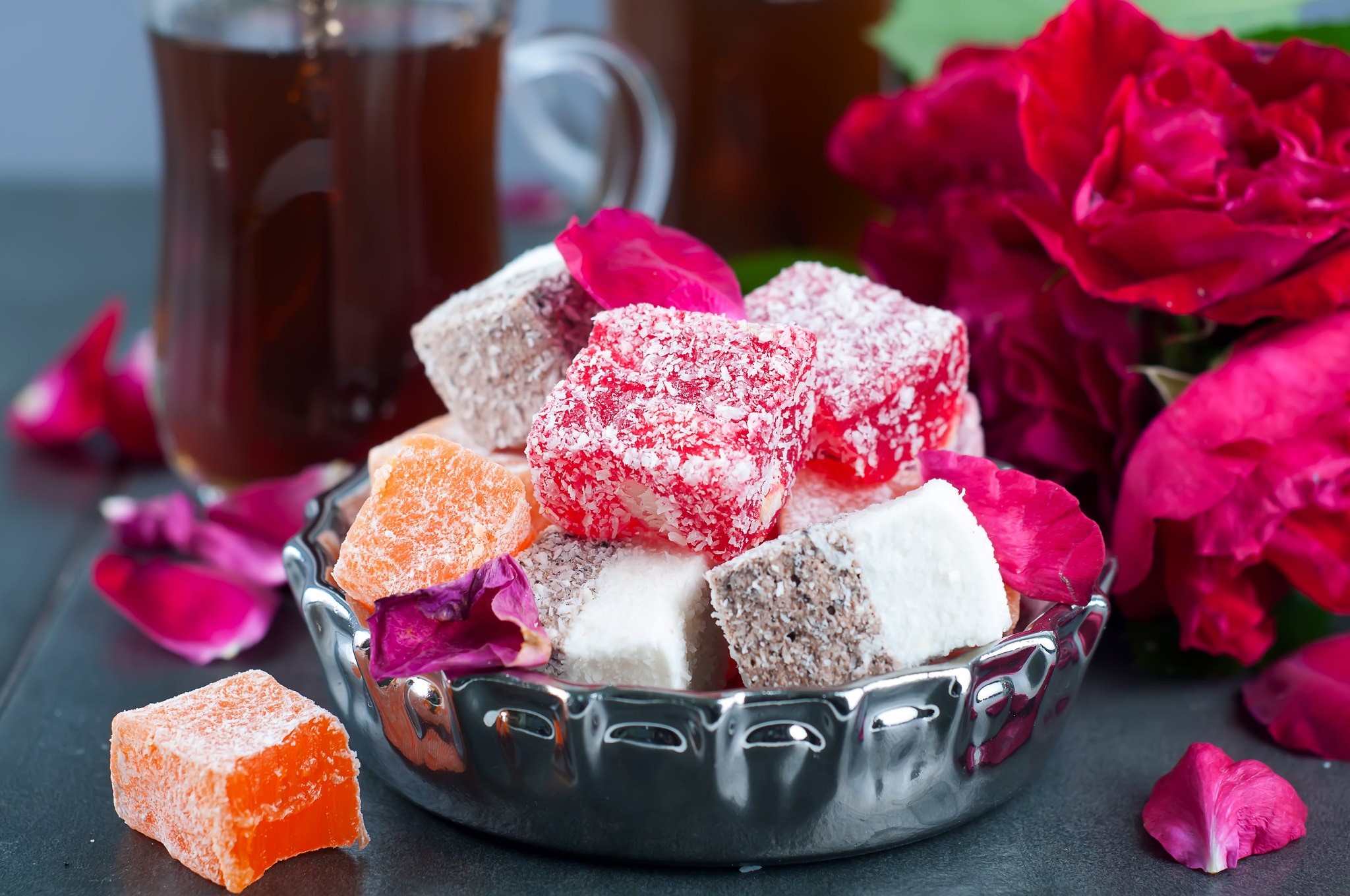 Wallpaper / tea, flowers, food, sweets, colorful, turkish delight free download