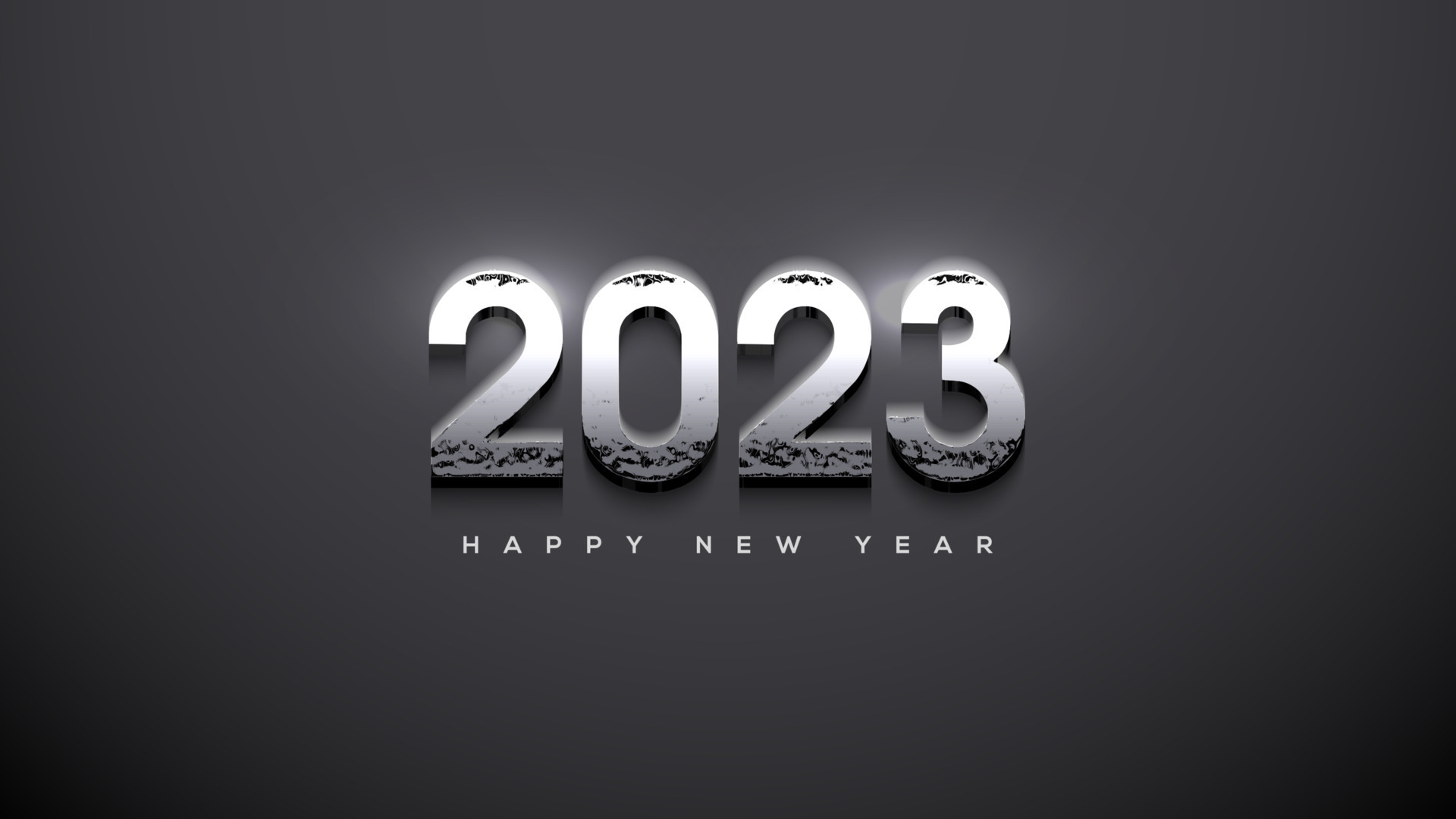 Happy new year 2023 with glowing silver metallic numbers on black background