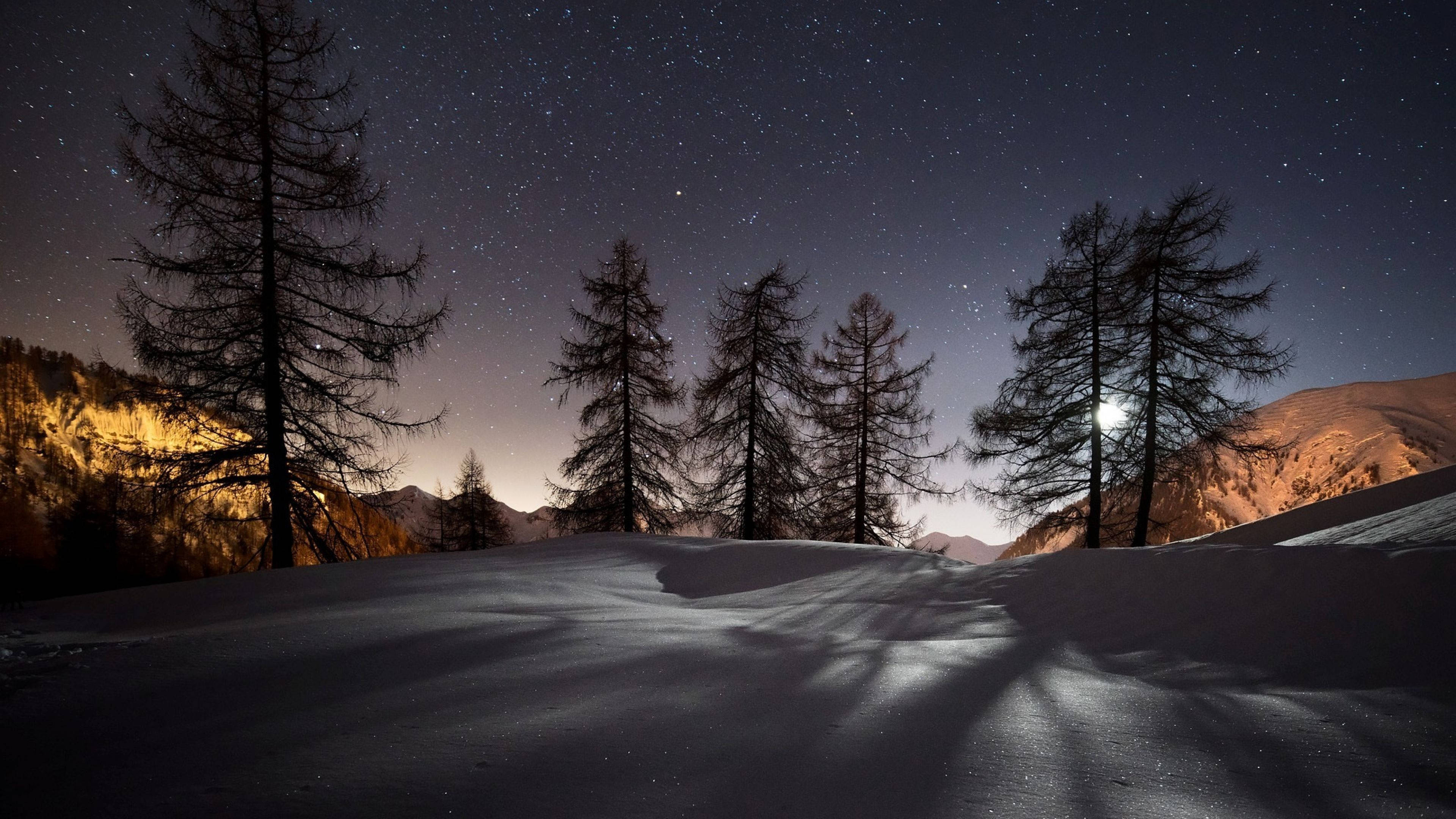 Download 4k 16:9 Winter Starry Sky Wallpaper