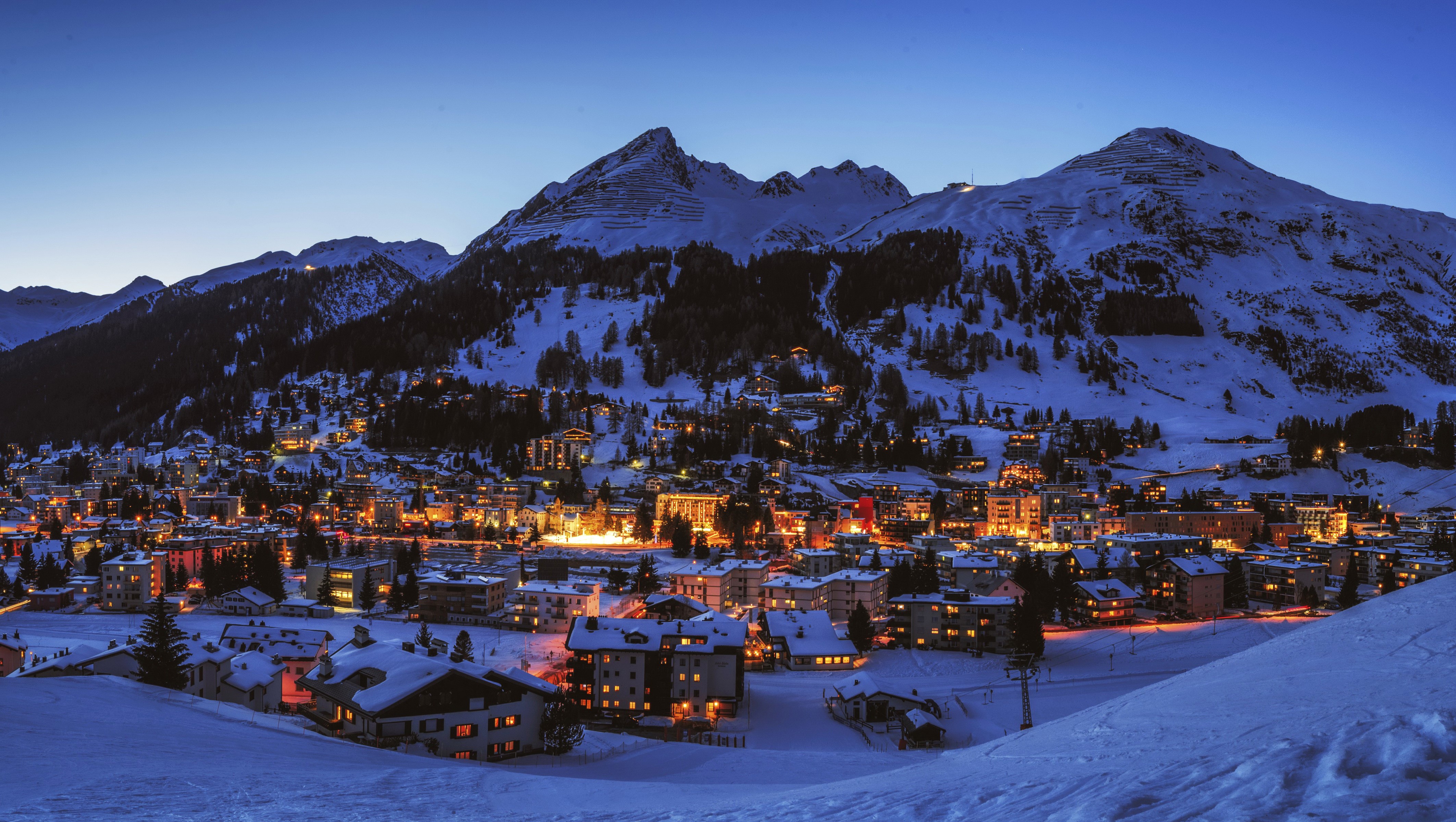 4K, Davos, Switzerland, Mountains, Houses, Winter, Evening, Snow Gallery HD Wallpaper