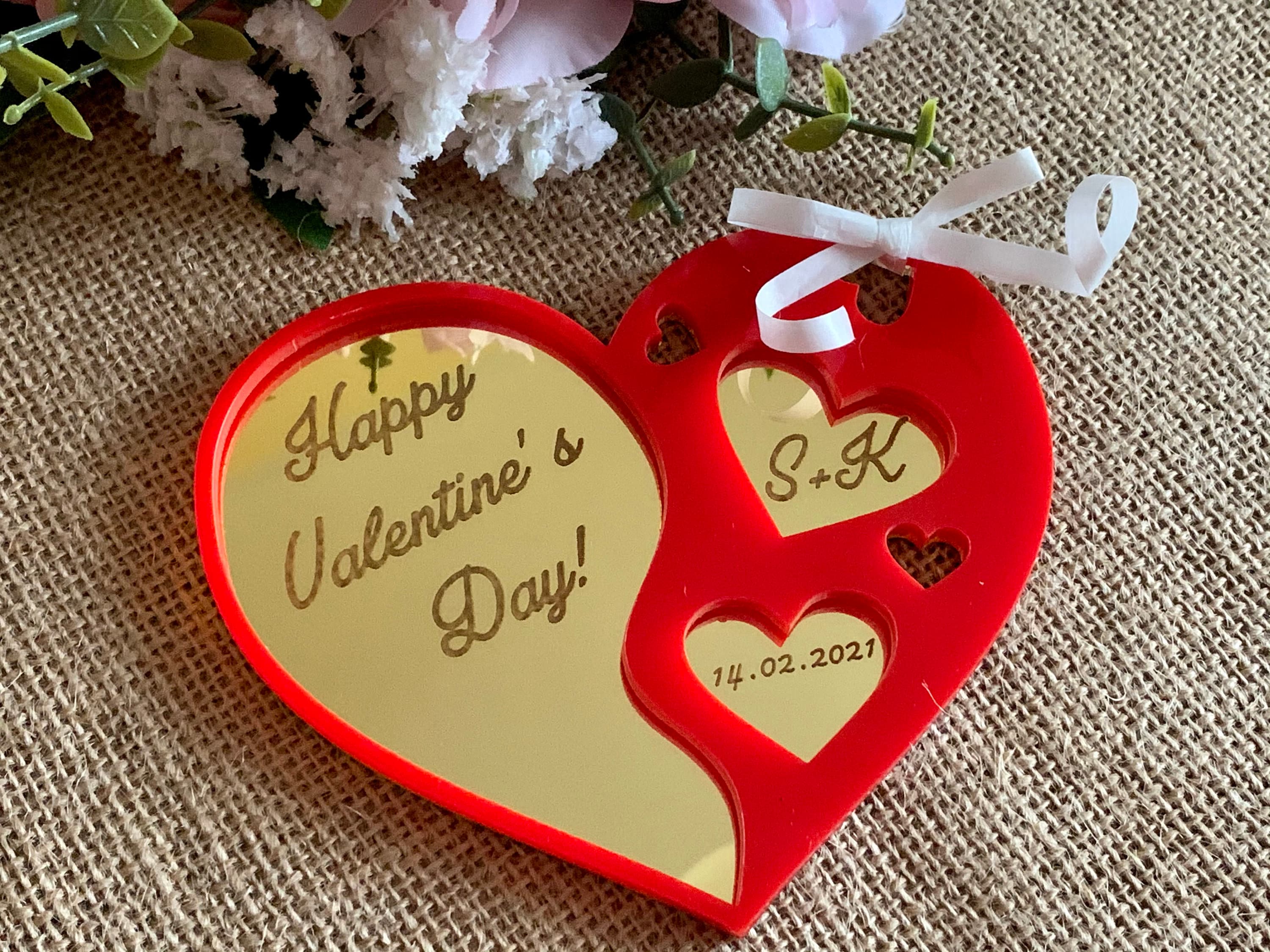 Persoznalized Heart Ornament with Initials & Date Custom Laser Engraved Happy Valentines Day 2023 Handmade Red Gold Acrylic Gift for Couples