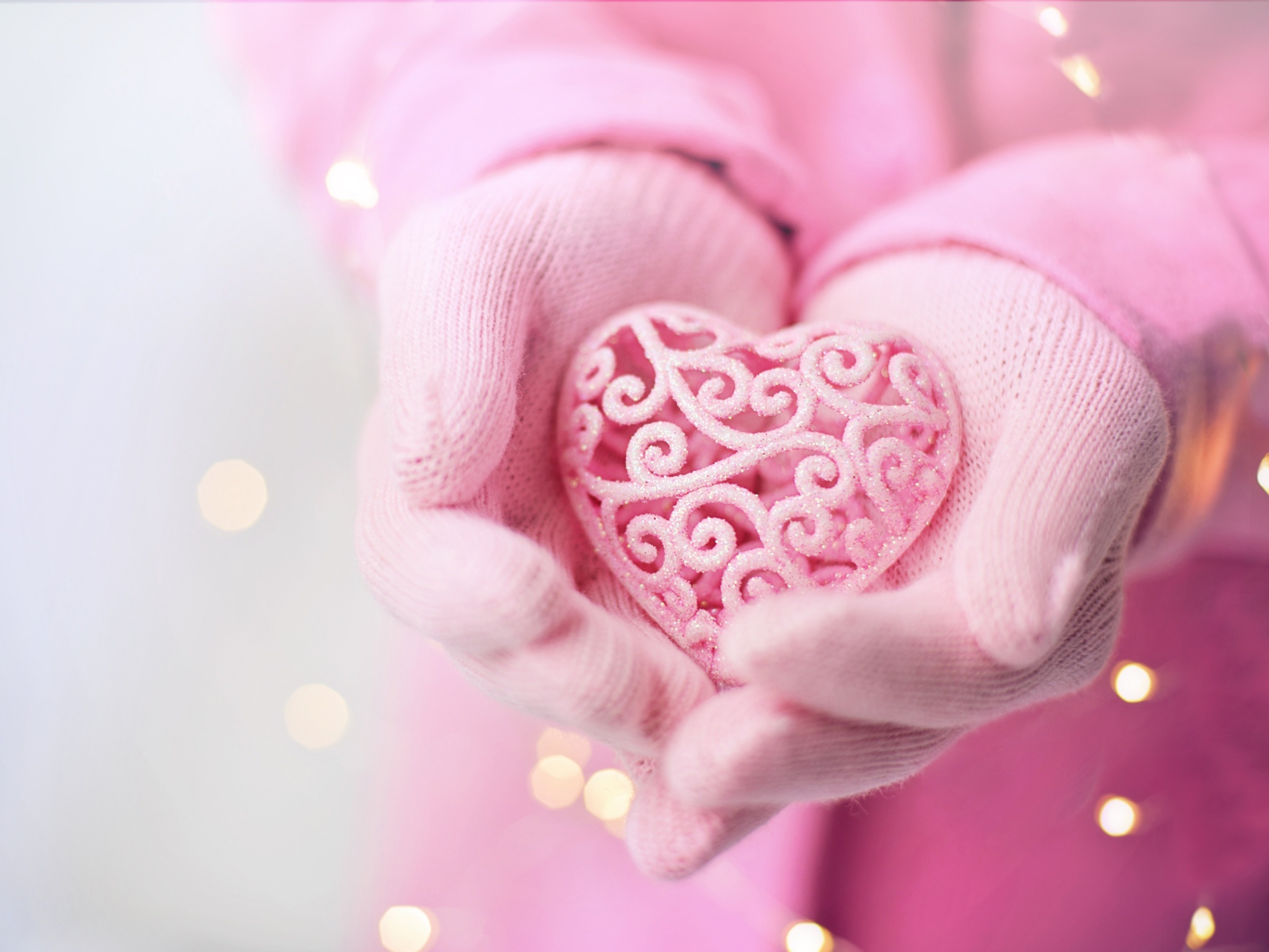 Pink Heart Wallpaper 4K, Hand Gloves, Love