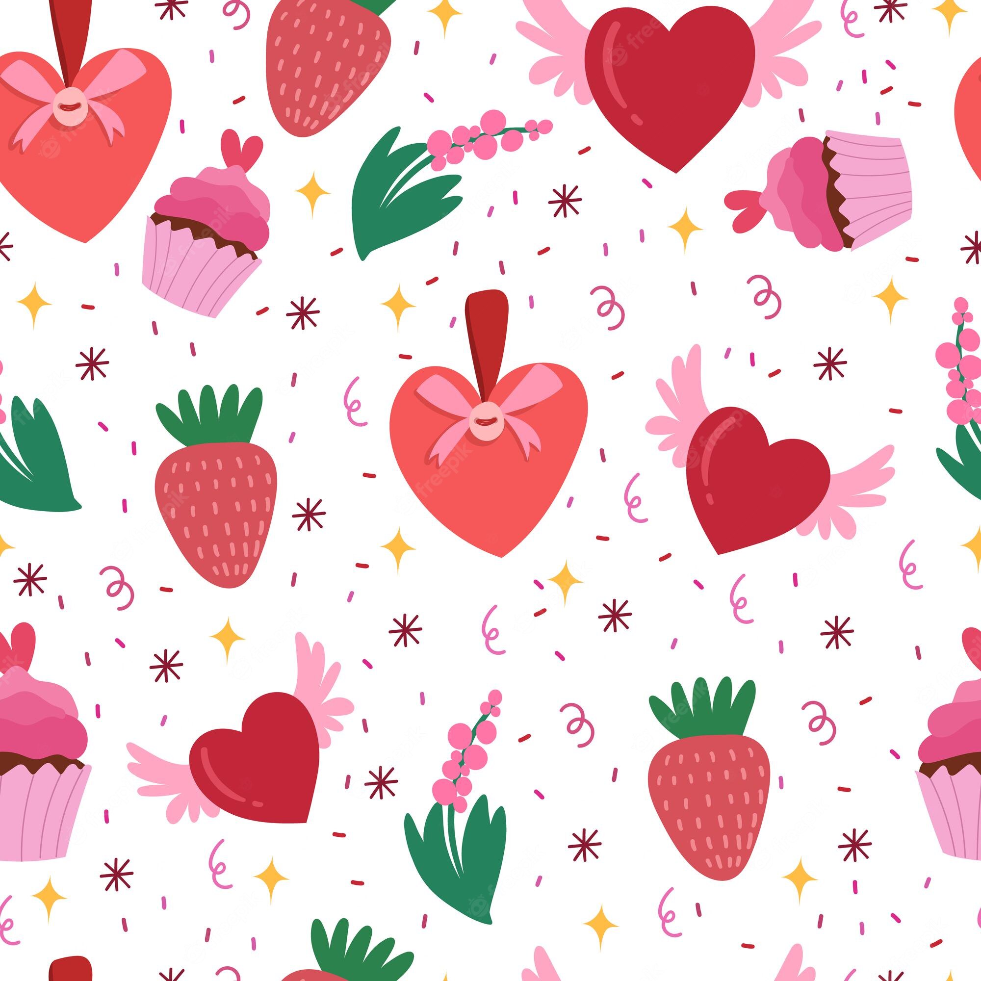 Premium Vector. Valentine's day seamless pattern with strawberry, hearts and cake
