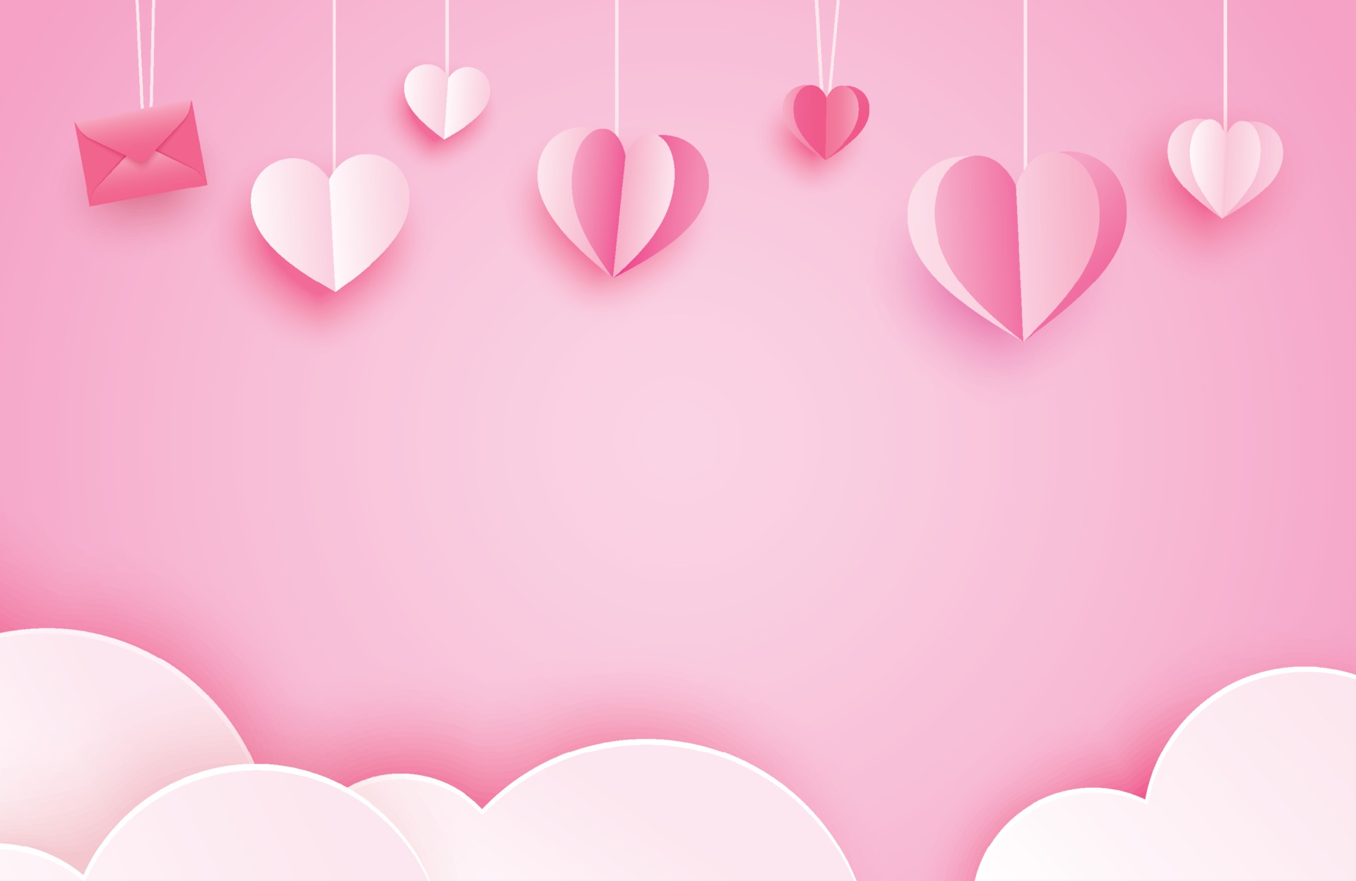 Happy valentines day greeting cards with paper hearts hanging on pink pastel background