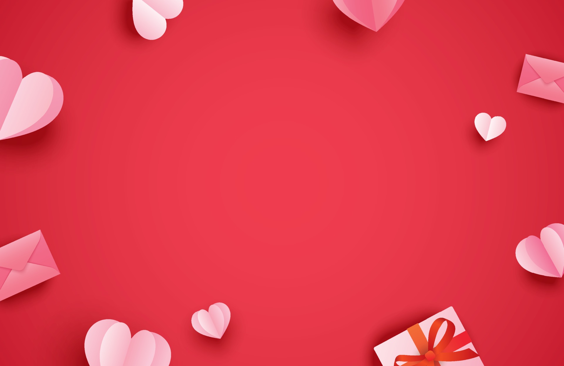 Happy valentines day greeting cards with paper hearts on red pastel background