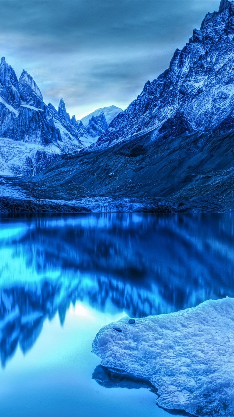 Cold Winter, Lake, Mountains, Snow, Dusk, Blue 750x1334 IPhone 8 7 6 6S Wallpaper, Background, Picture, Image