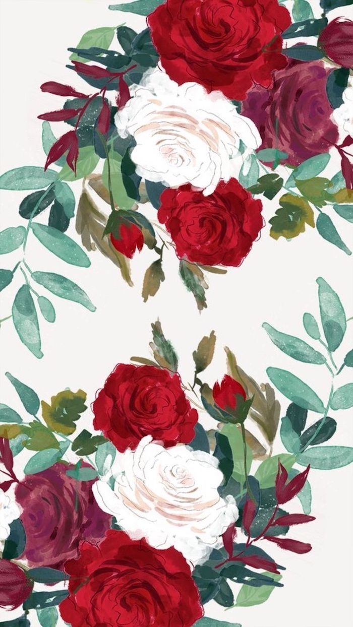 drawing of white red and purple roses, floral phone wallpaper, spring flowers wallpaper, white backg. Spring wallpaper, Spring flowers wallpaper, Flower wallpaper