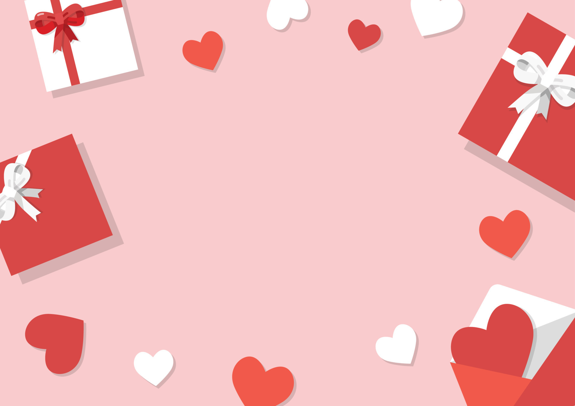 Valentine's Day background. Gifts, confetti, envelope on pastel background