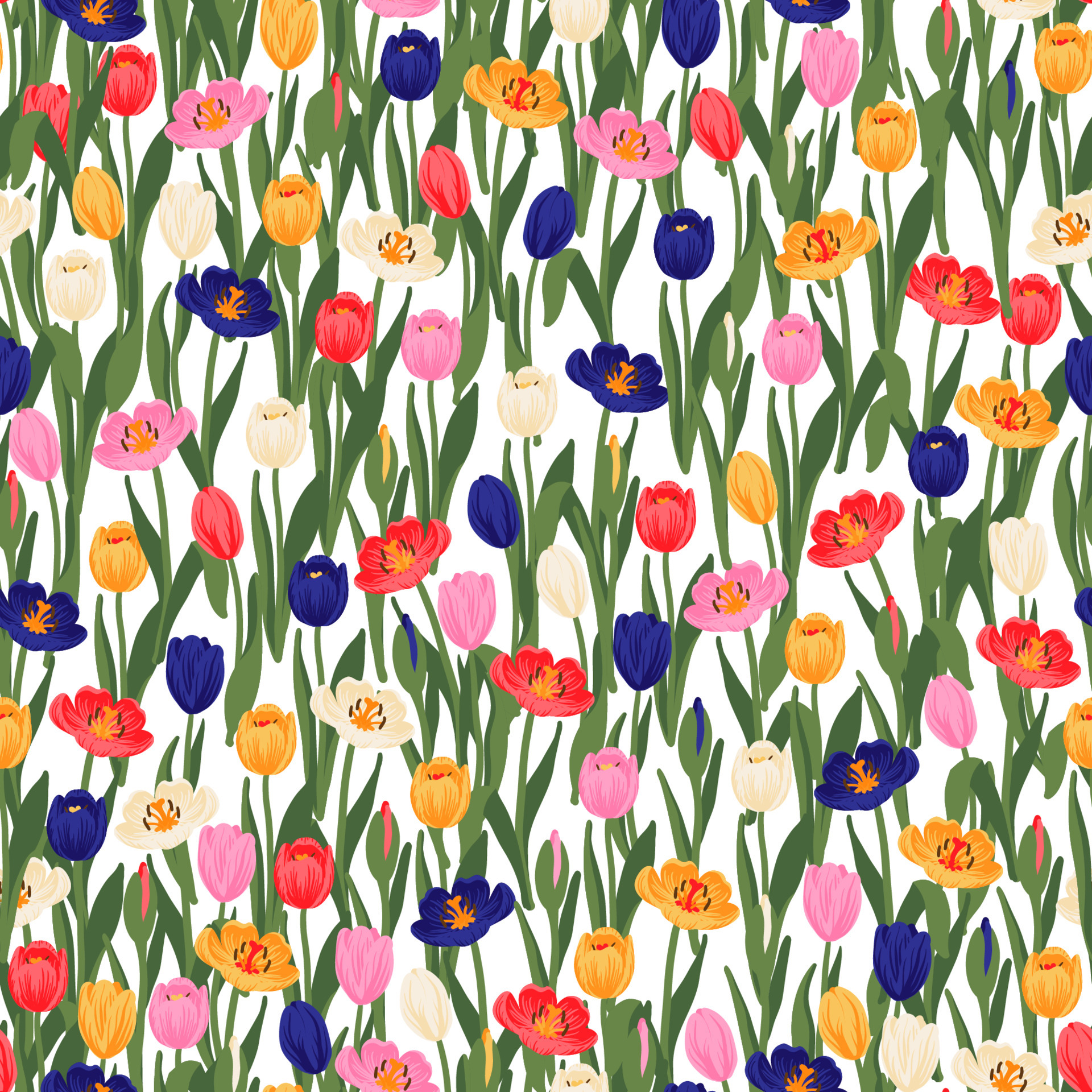Seamless floral pattern red, yellow, purple, pink tulips and green leaves. Spring flowers background for wrapping, textile, wallpaper, scrapbook, Easter, Happy Mothers, Womens Day. Flat cartoon design