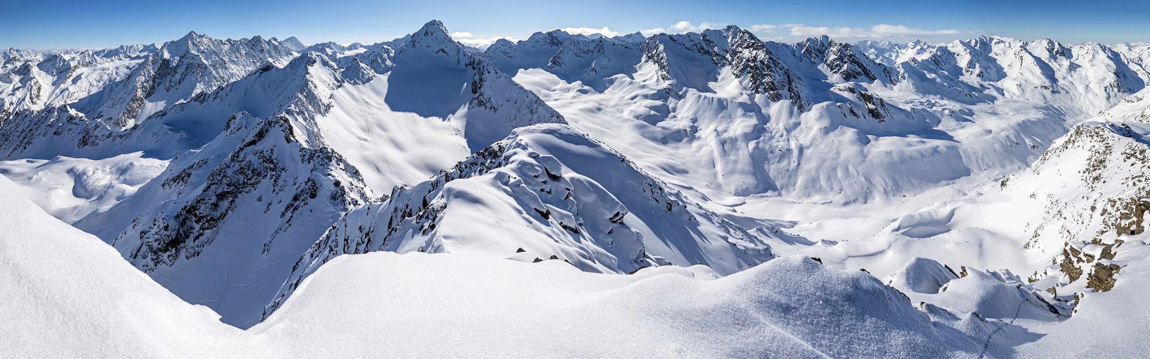Wallpaper Zischgeles, Stubai Alps, Tyrol, Austria, thick snow, mountains, winter 3840x1200 Multi Monitor Panorama Picture, Image