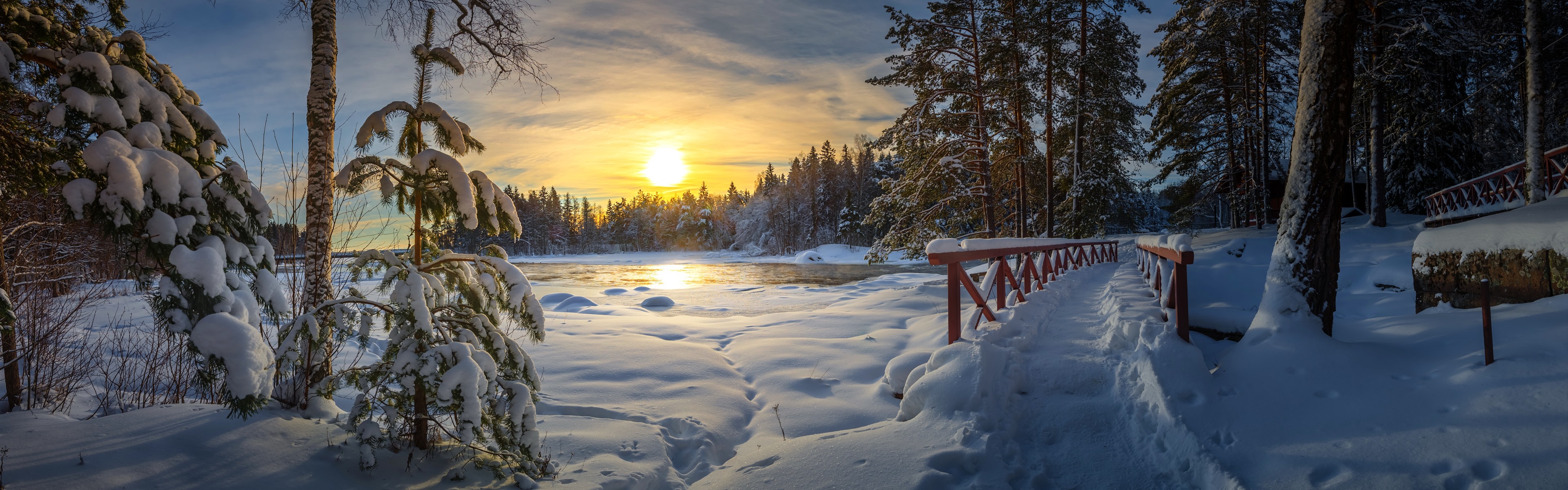 Wallpaper Winter, thick snow, bridge, lake, trees, sunset 7680x4320 UHD 8K Picture, Image