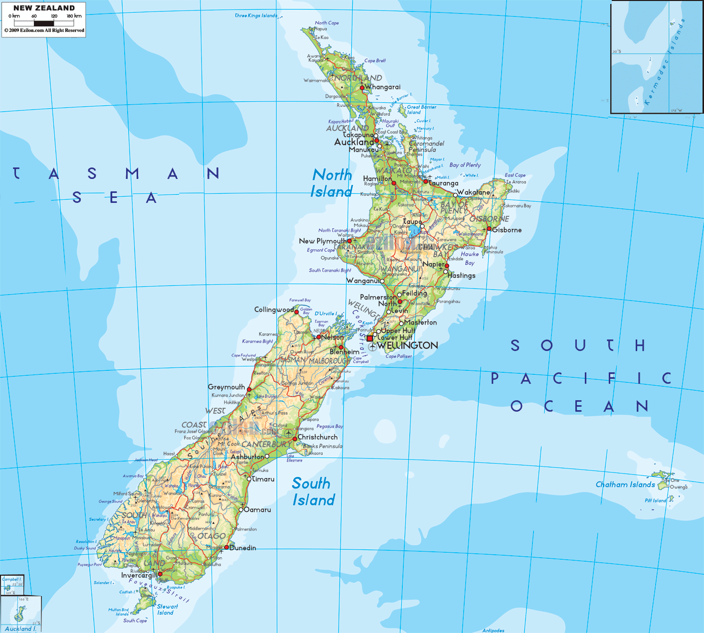 Physical Map of New Zealand