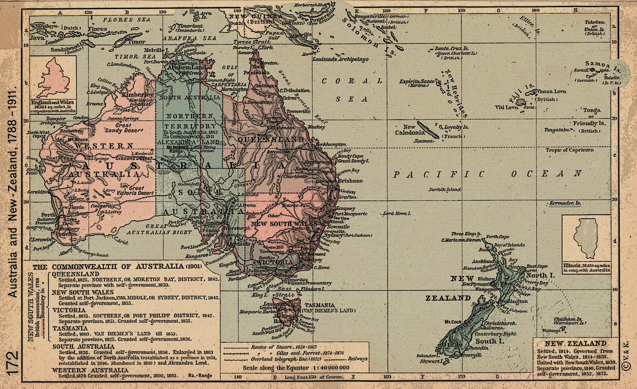 Historical Map Of Australia And New Zealand 1788 1911. Australia Map, States Of Australia, Australia