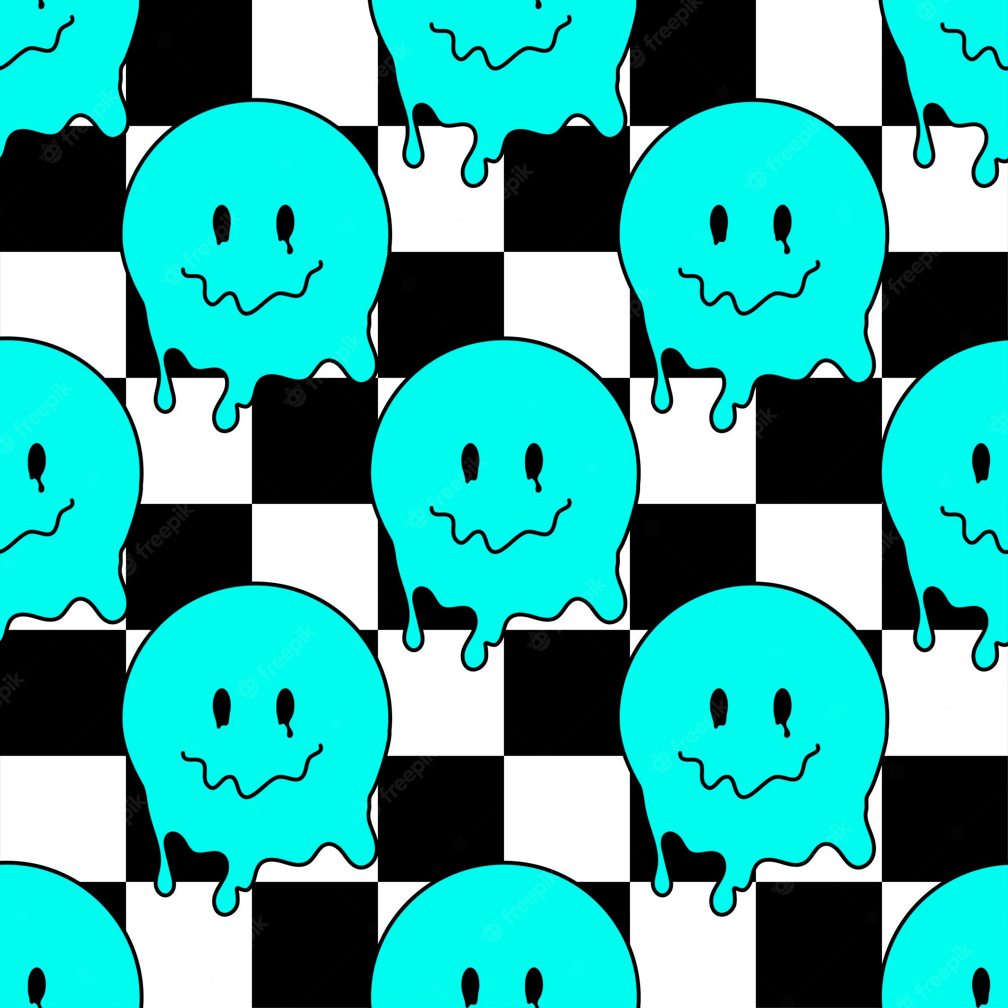 Premium Vector. Funny smile dope faces seamless pattern psychedelic surreal techno melt smile background trippy smiley faces techno melting smile face cartoon background wallpaper concept art y2k aesthetic