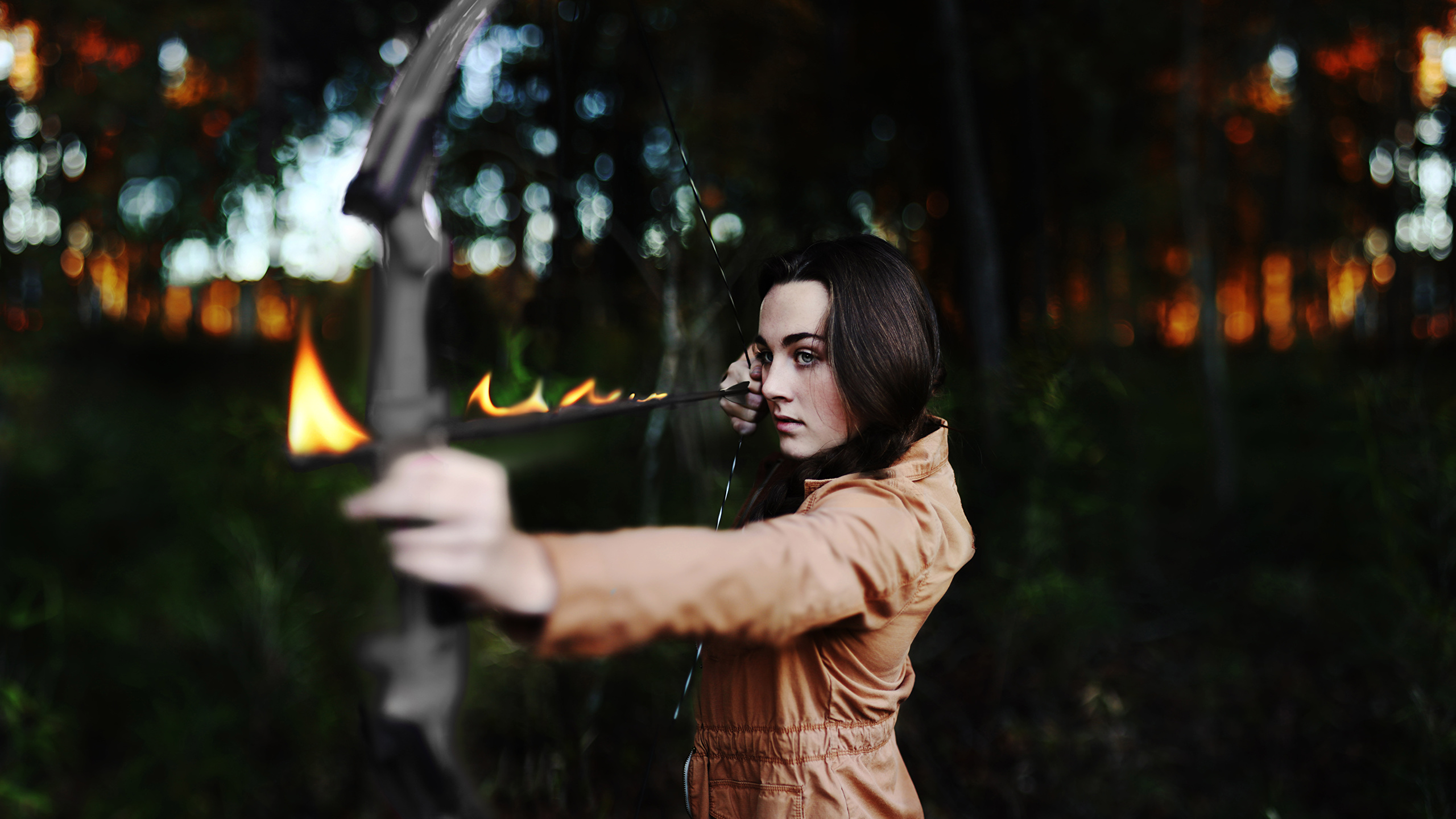 Photos Archers Brunette girl arrows Girls Fire 2560x1440
