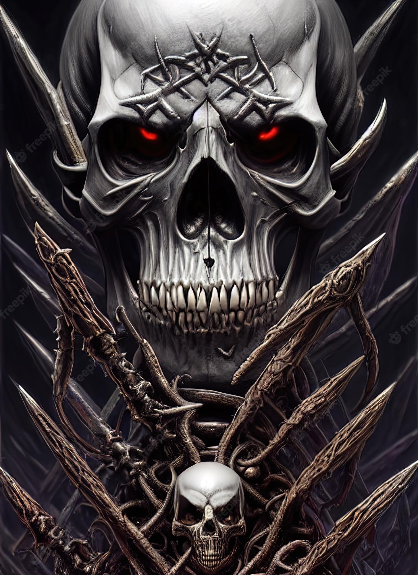 Premium Photo. Skeleton warrior skull of evil from hell surrealism fantasy scary skull portrait 3D illustration