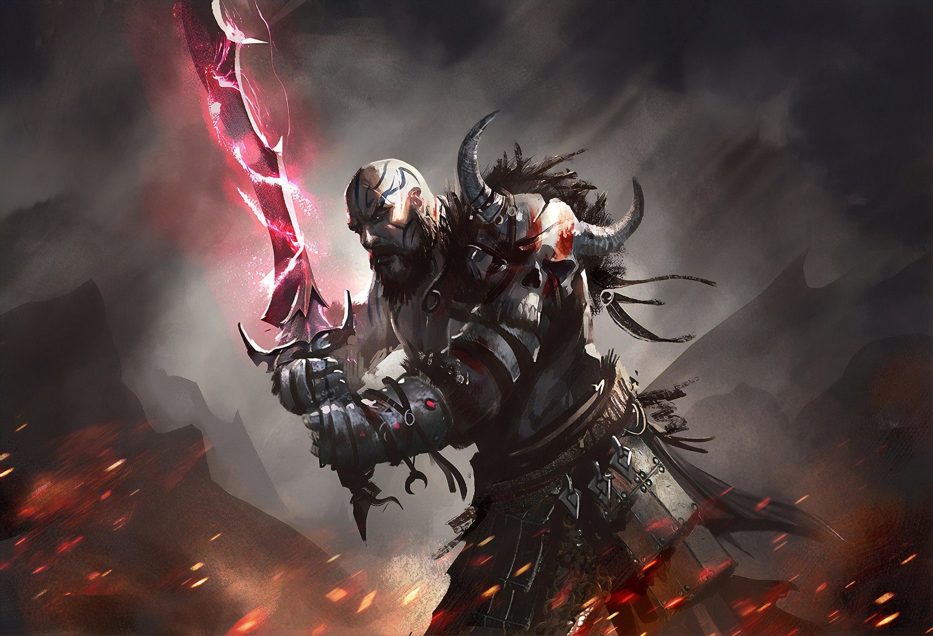 Wallpaper / artwork, fantasy art, warrior, sword, skull, horns free download