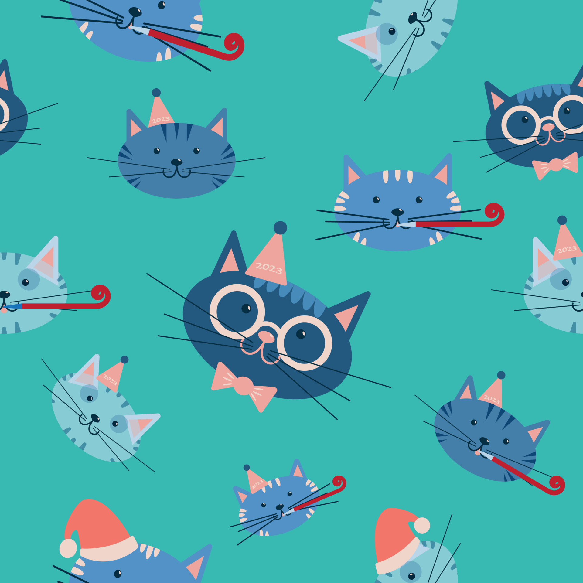 Cute pattern Happy New 2023 Year. Set of cats with holiday attributes. Flat vector illustration