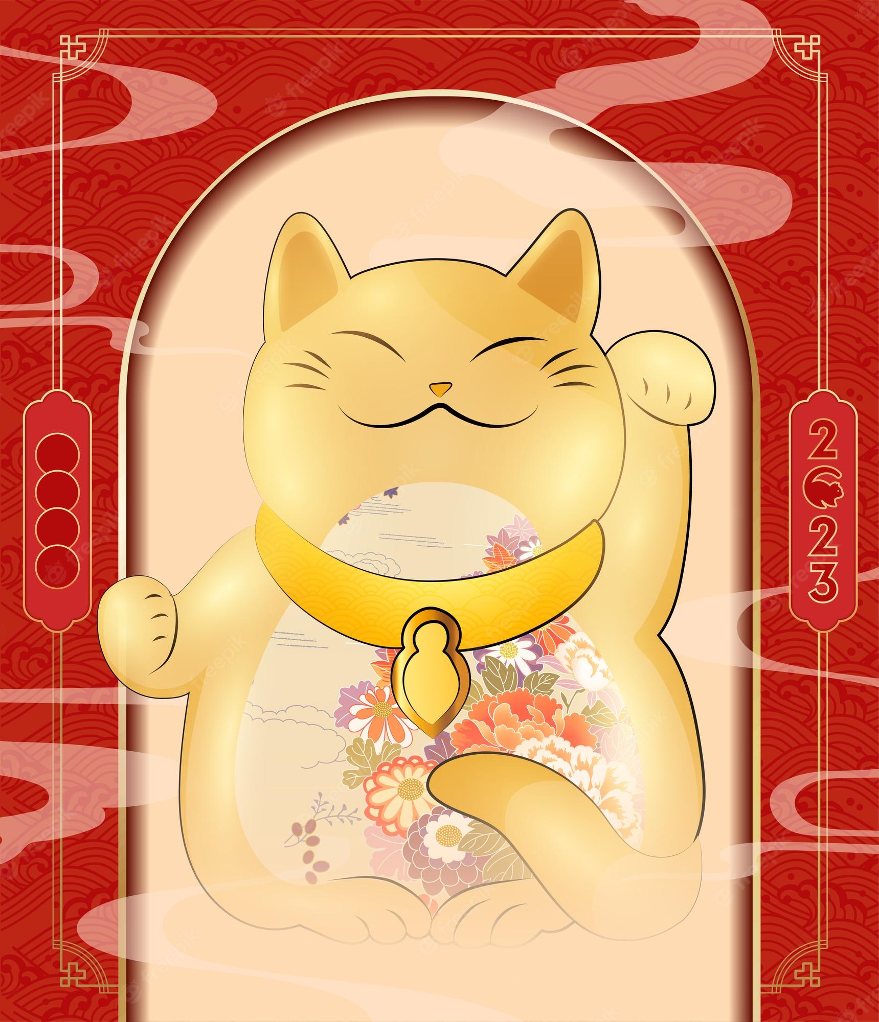 Premium Vector. Happy new year chinese new year, year of the cat, happy lunar new year cat illustration