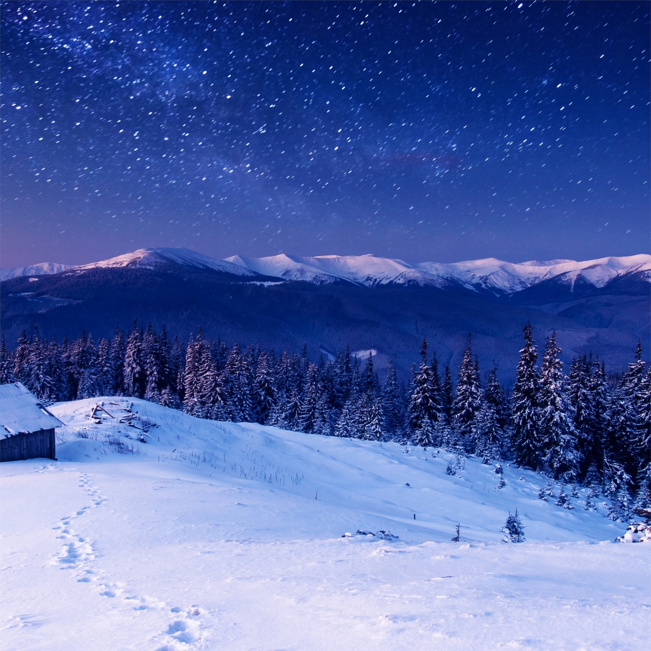 sky winter stars mountains 4k iPad Air Wallpaper Free Download
