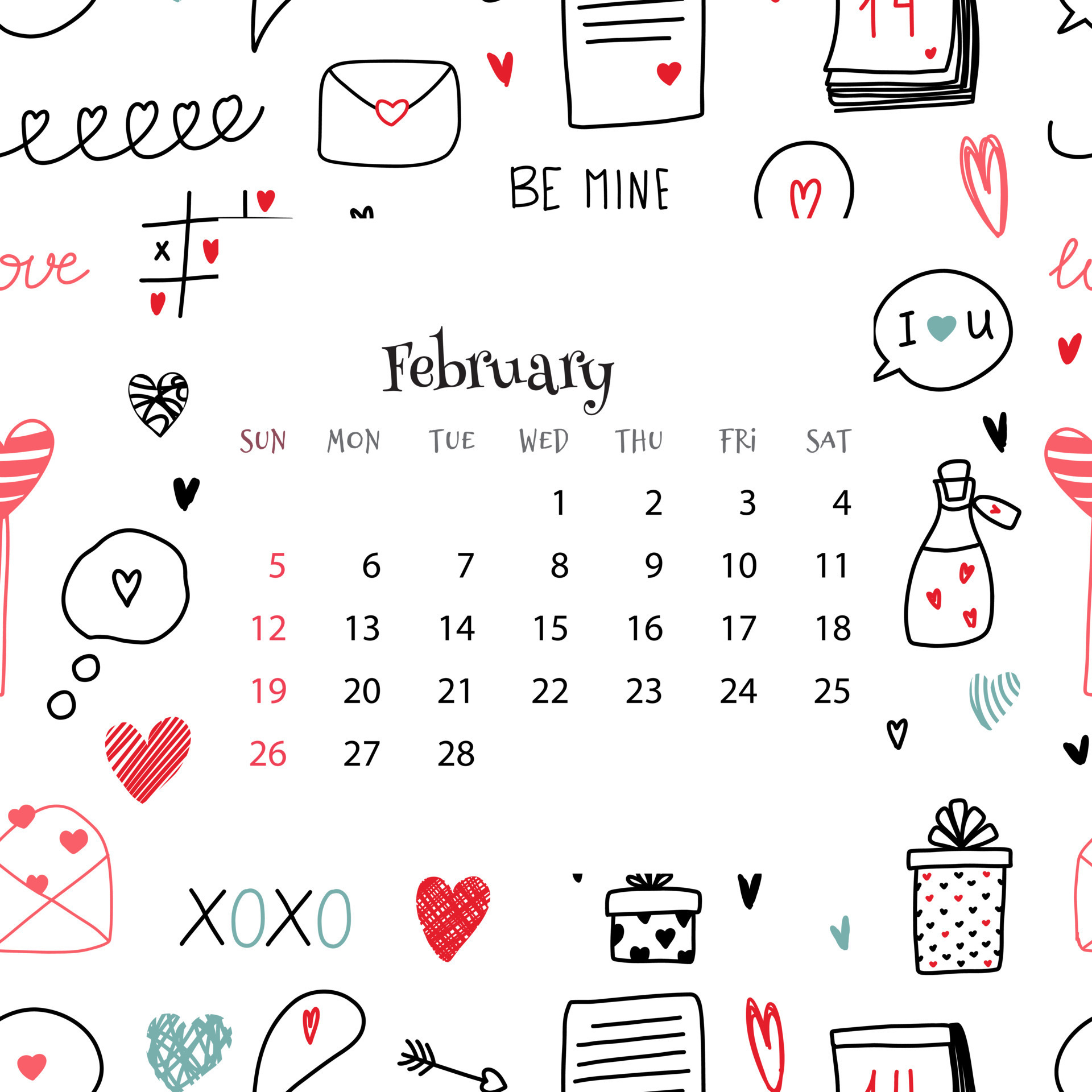 2023 Calendar for February. Vector illustration of month calendar on blue background with doodles. Seamless cute colorful pattern for valentine s day with month grid in cartoon flat style. Vector Art