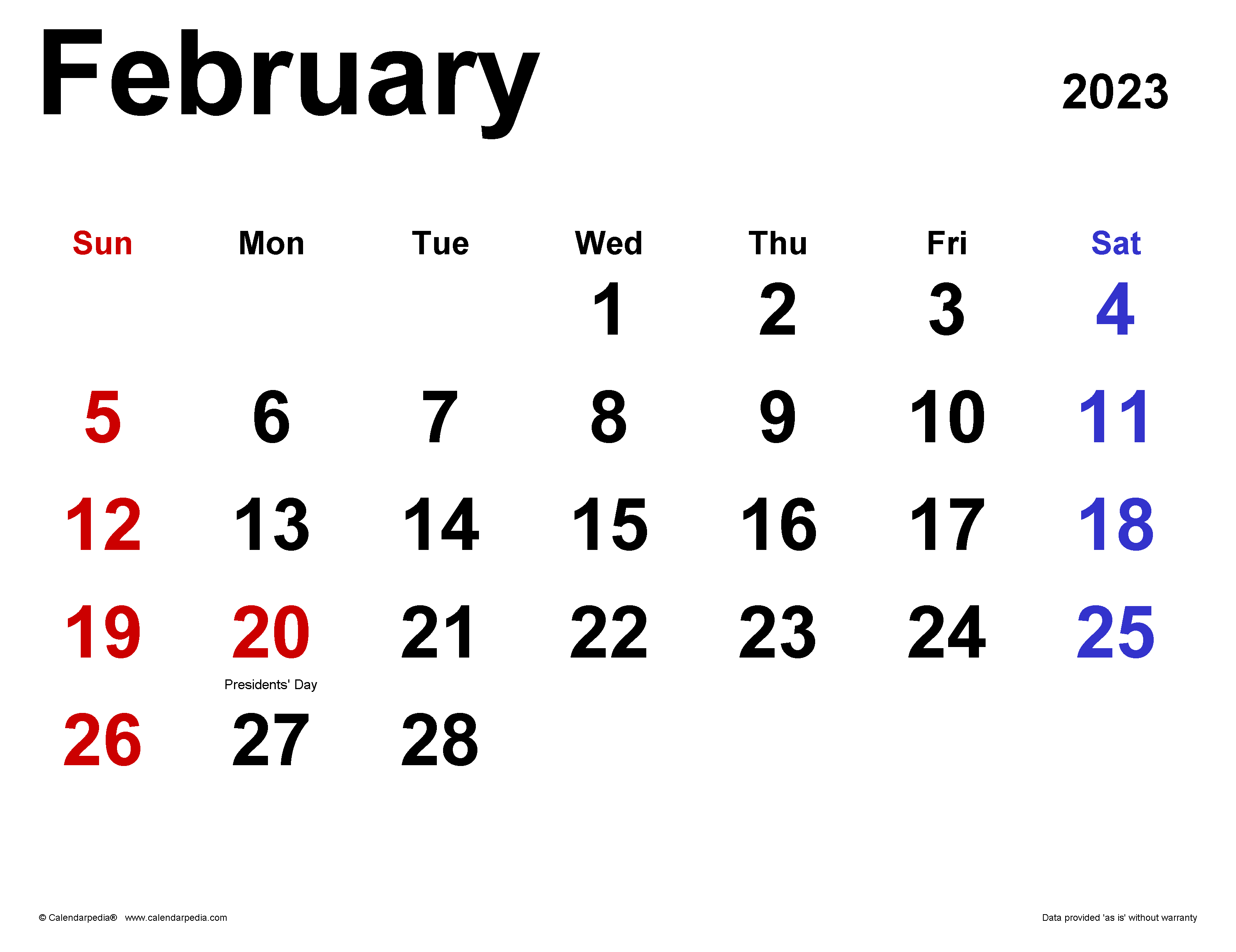 February 2023 Calendar. for Word, Excel