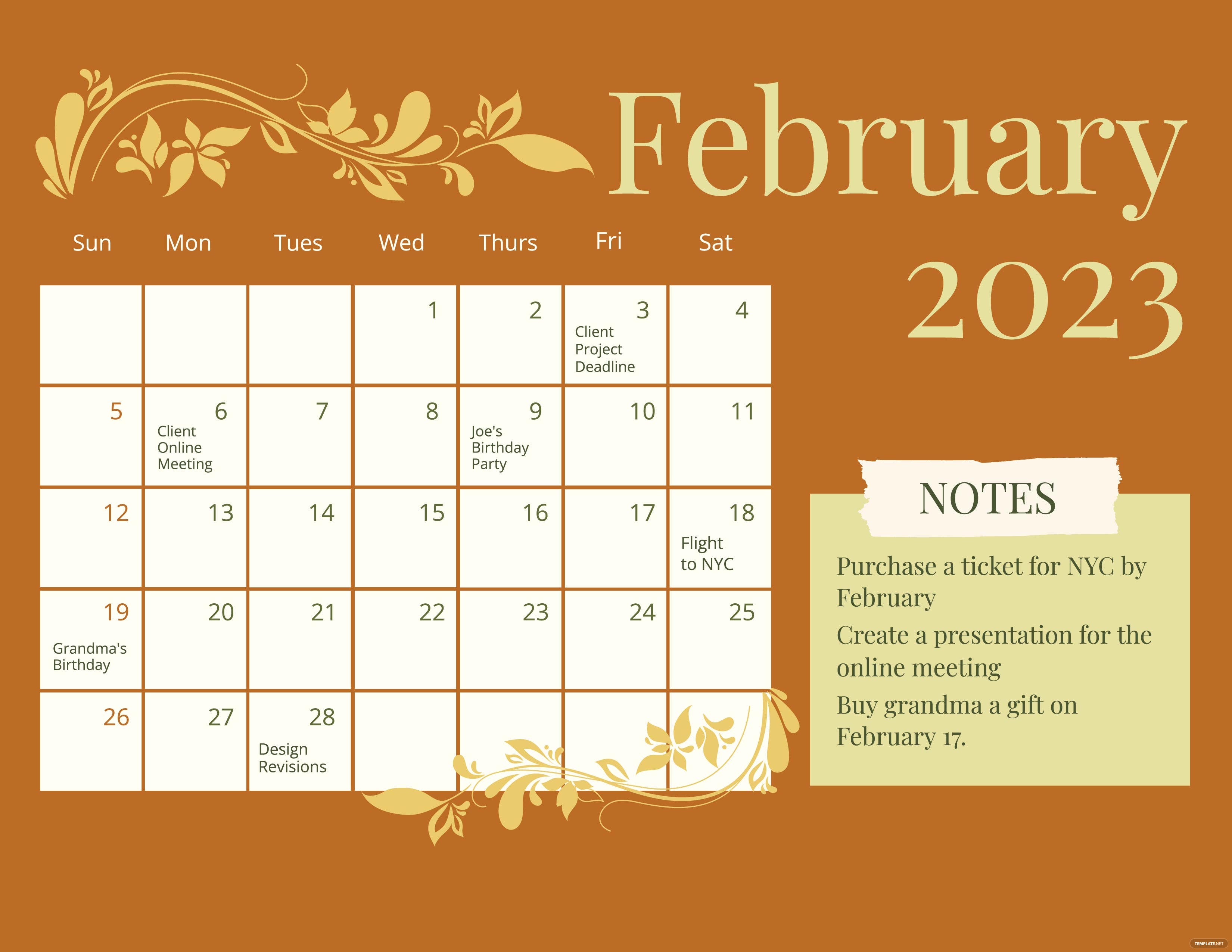 Free Fancy February 2023 Calendar Docs, Illustrator, Word, Apple Pages, PSD