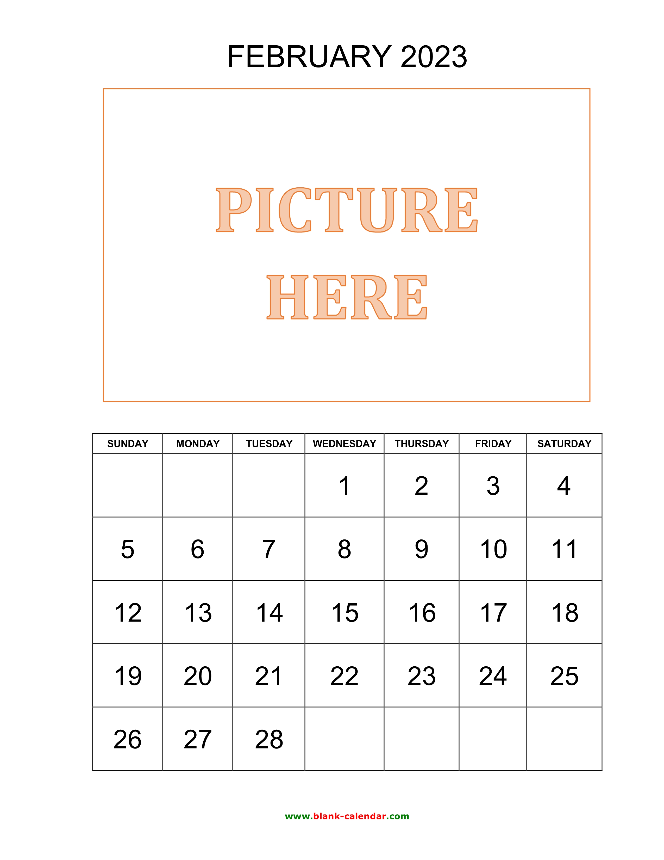 Free Download Printable February 2023 Calendar, picture can be placed