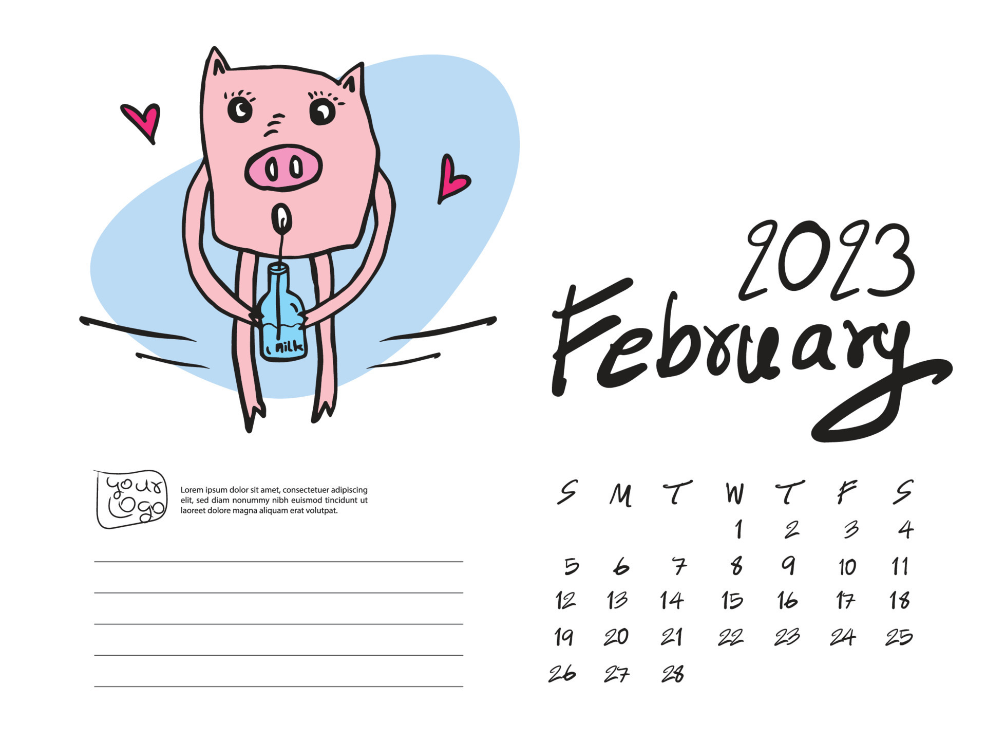 Calendar 2023 design with Cute Pig vector illustration, February 2023 artwork, Lettering, Desk calendar 2023 layout, planner, wall calendar , pig cartoon character, holiday event