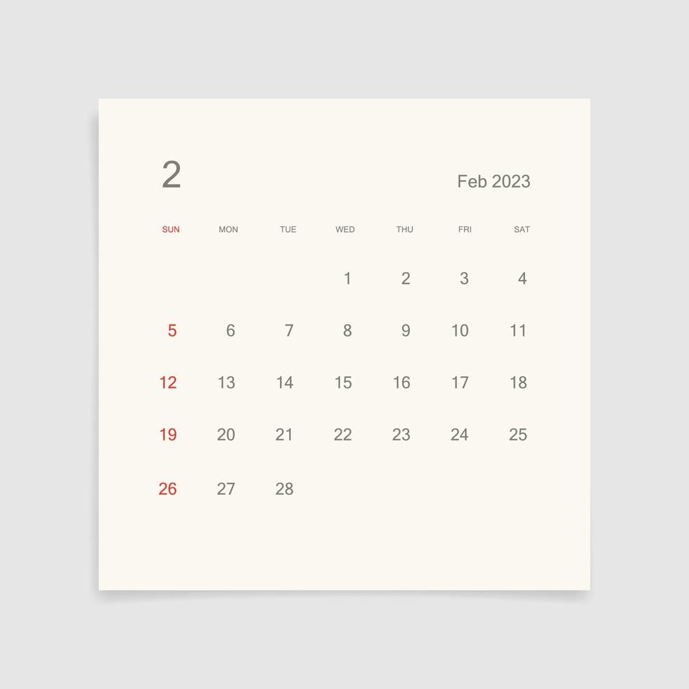 February 2023 calendar page on white background. Calendar background for reminder, business planning, appointment meeting and event. Week starts from Sunday. Vector