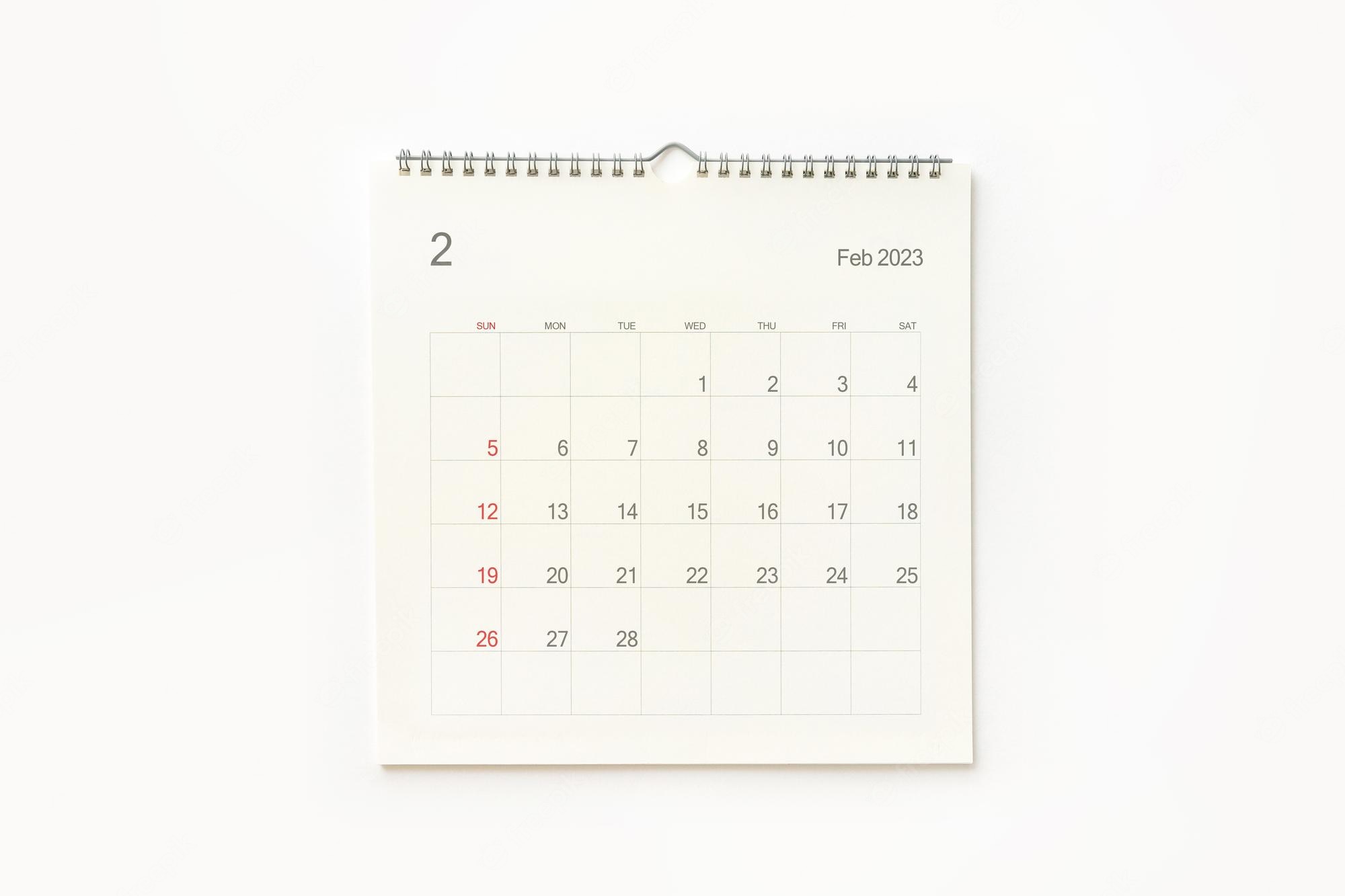 Premium Photo. February 2023 calendar page on white calendar background for reminder business planning appointment meeting and event
