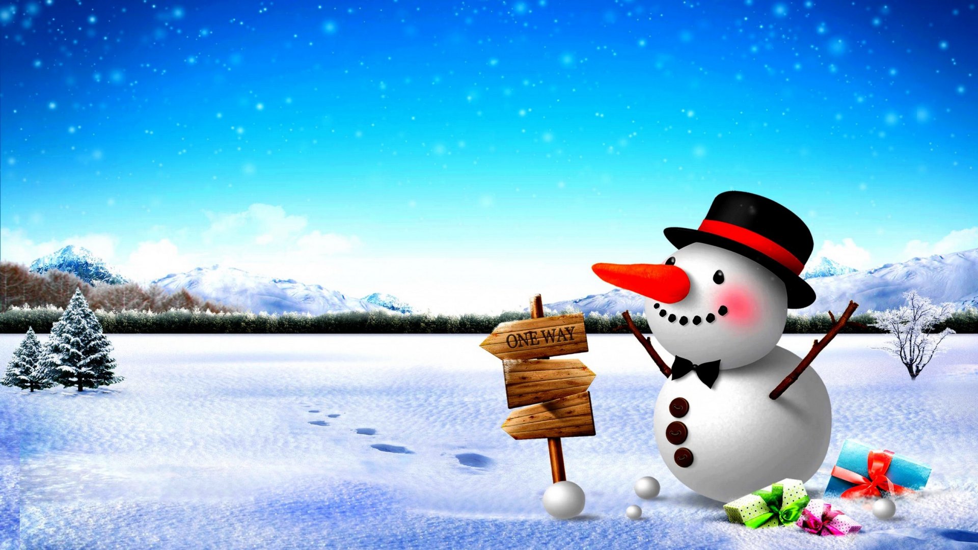 Wallpaper / snow, presents, snowman, sign board, oneway, winter free download