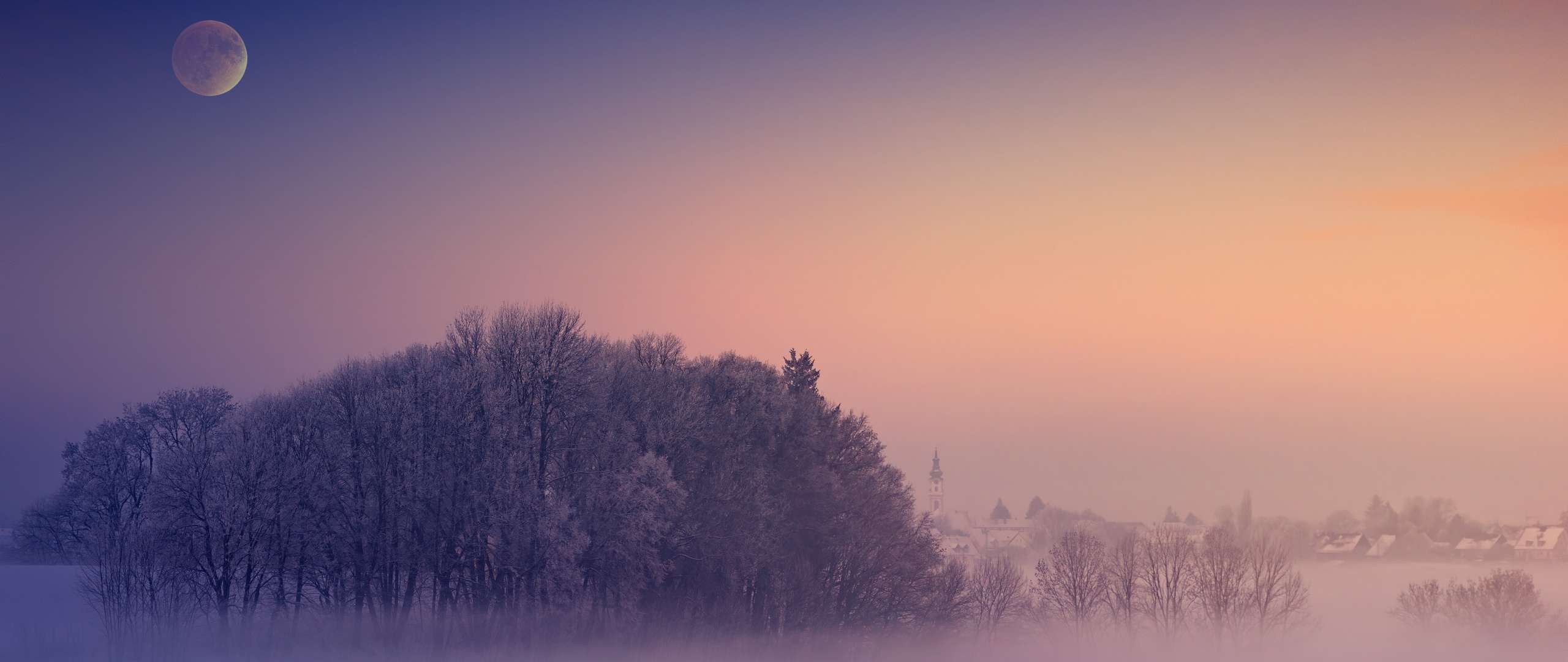 Winter Wallpaper 4K, Aesthetic, Morning, Foggy, Moon