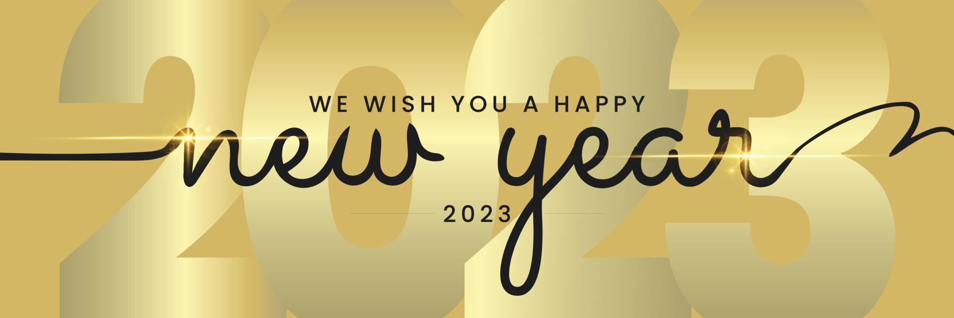 Happy New Year 2023 gold handwritten typography light fireworks and gold 2023 background wallpaper banner
