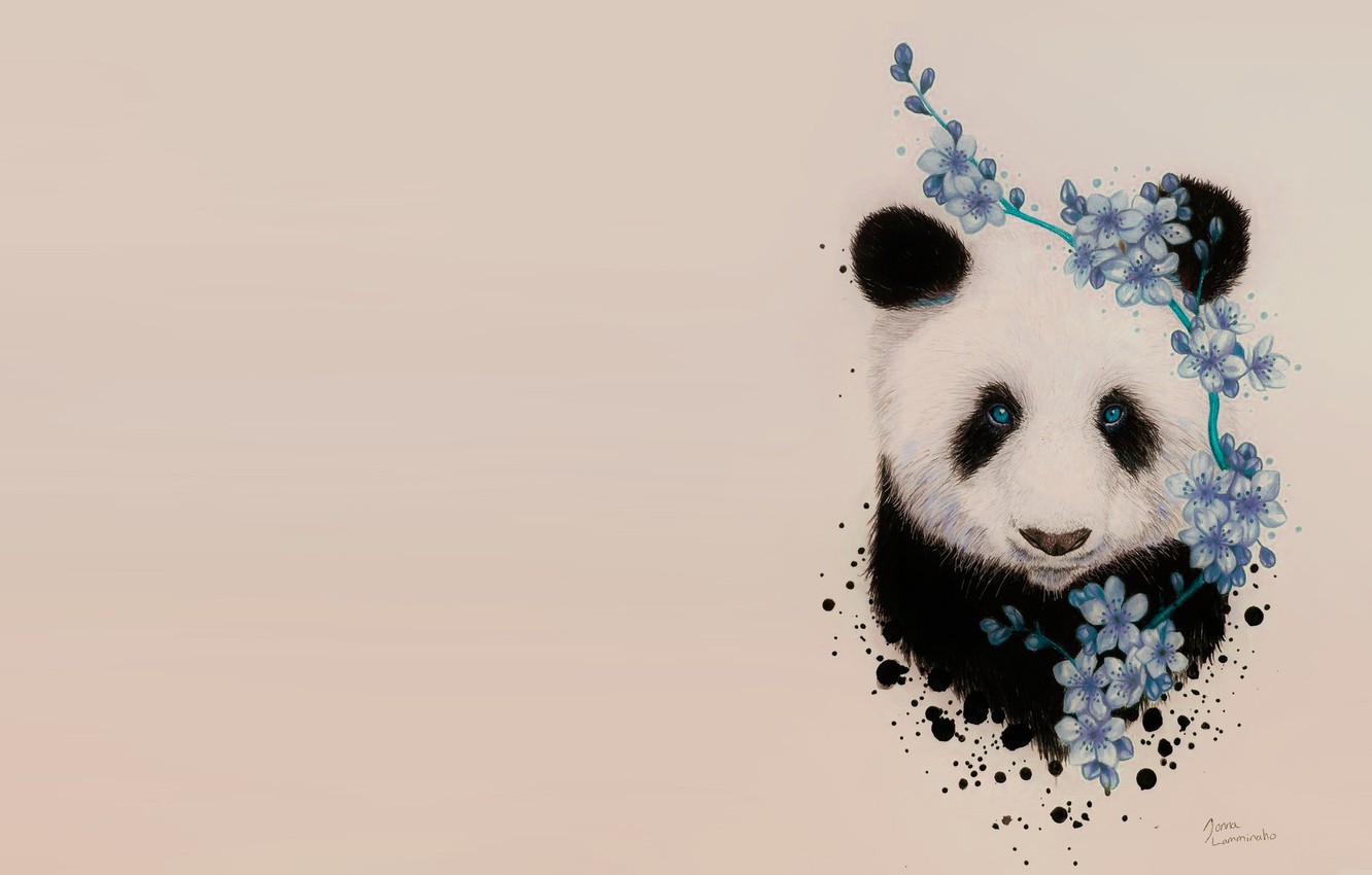 Wallpaper spring, Sakura, art, Panda, Jonna Lamminaho image for desktop, section минимализм