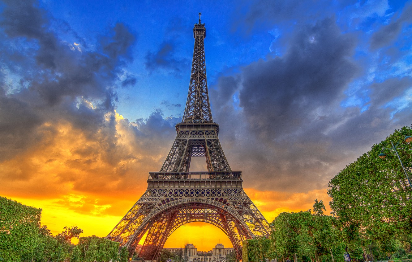Wallpaper the sky, trees, sunset, France, Paris, Eiffel tower, Paris, architecture, France, Eiffel Tower image for desktop, section город