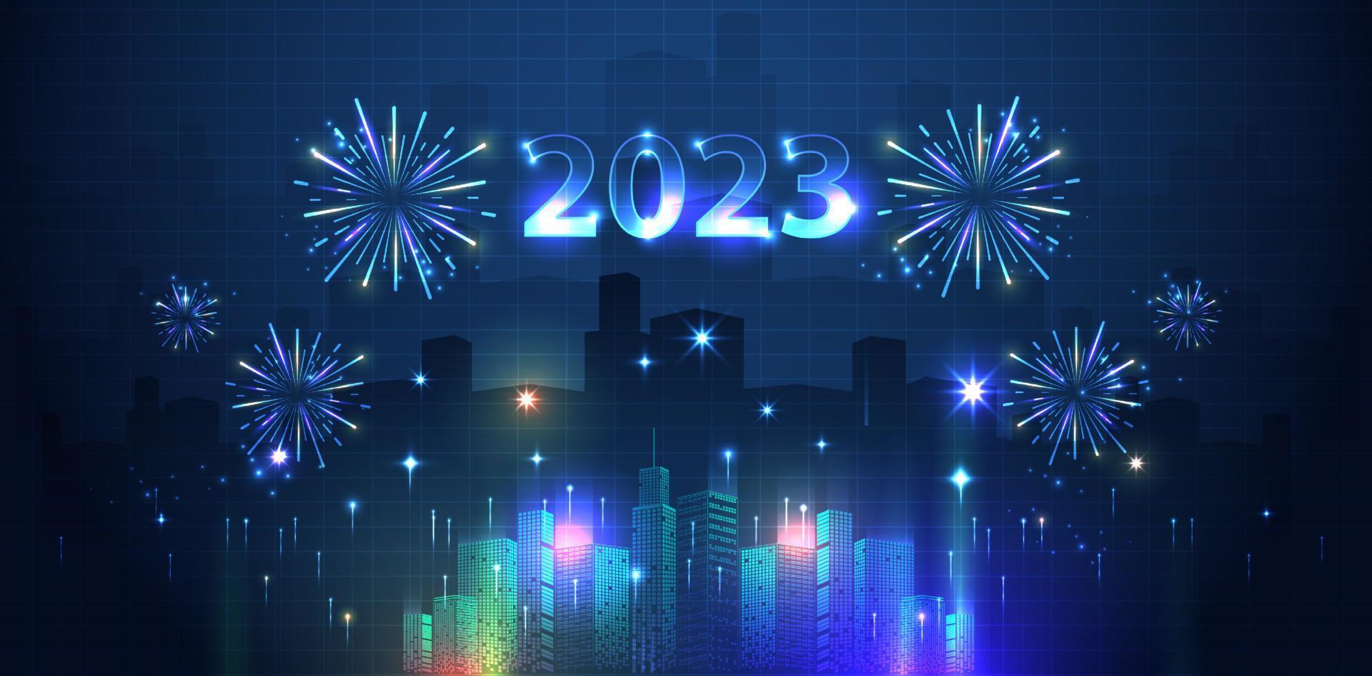 2023 happy new year city and fireworks in the sky above background. vecter design