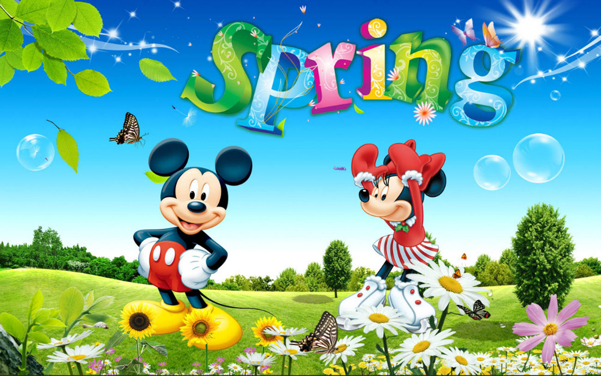 Mickey Mini Spring Game Dancing Flowers Flight Of Butterflies Green Grass Blue Sky Wallpaper HD For Deskx1200, Wallpaper13.com