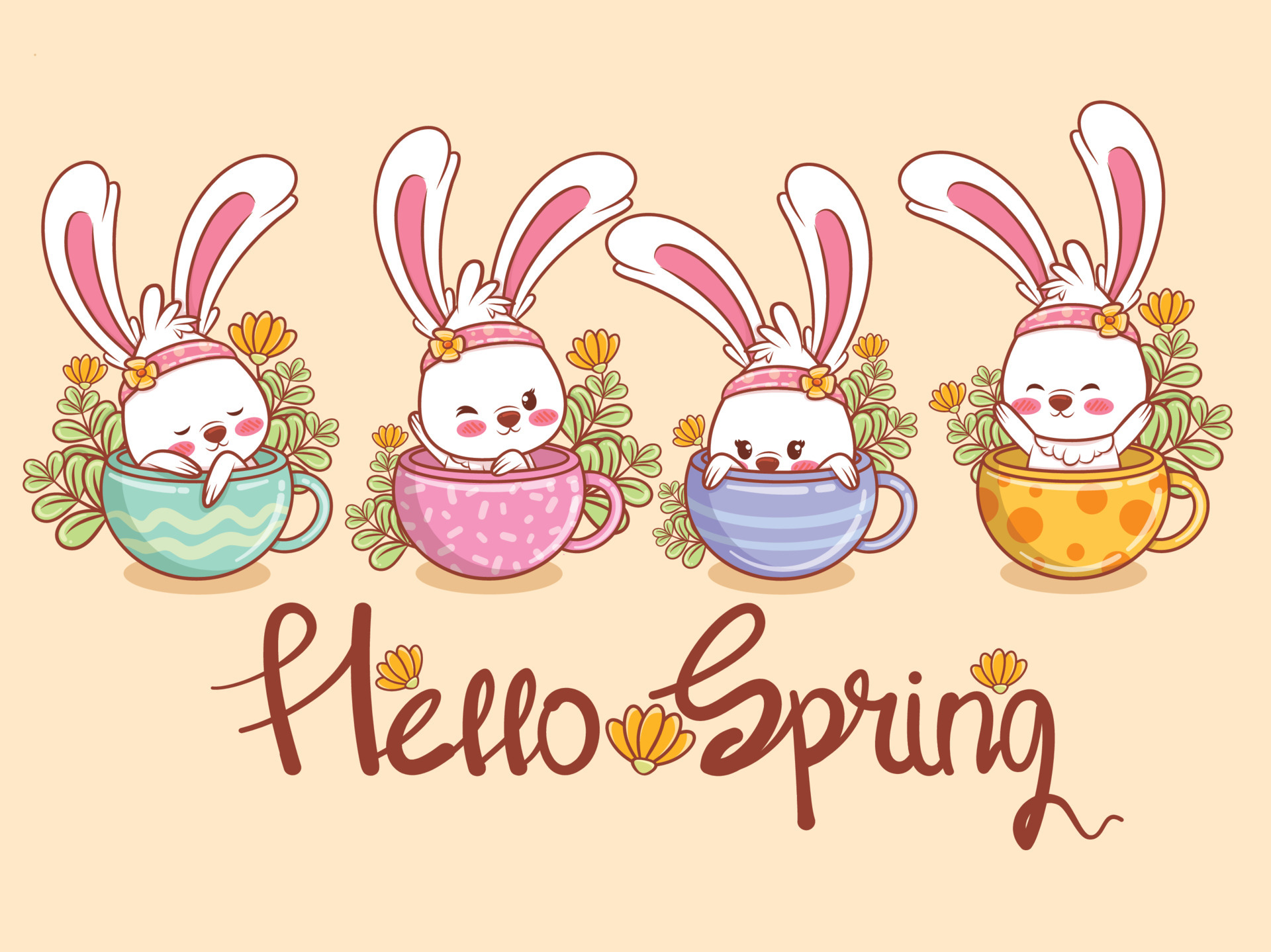 cute bunny with a tea cup and flower spring. cartoon character illustration hello spring
