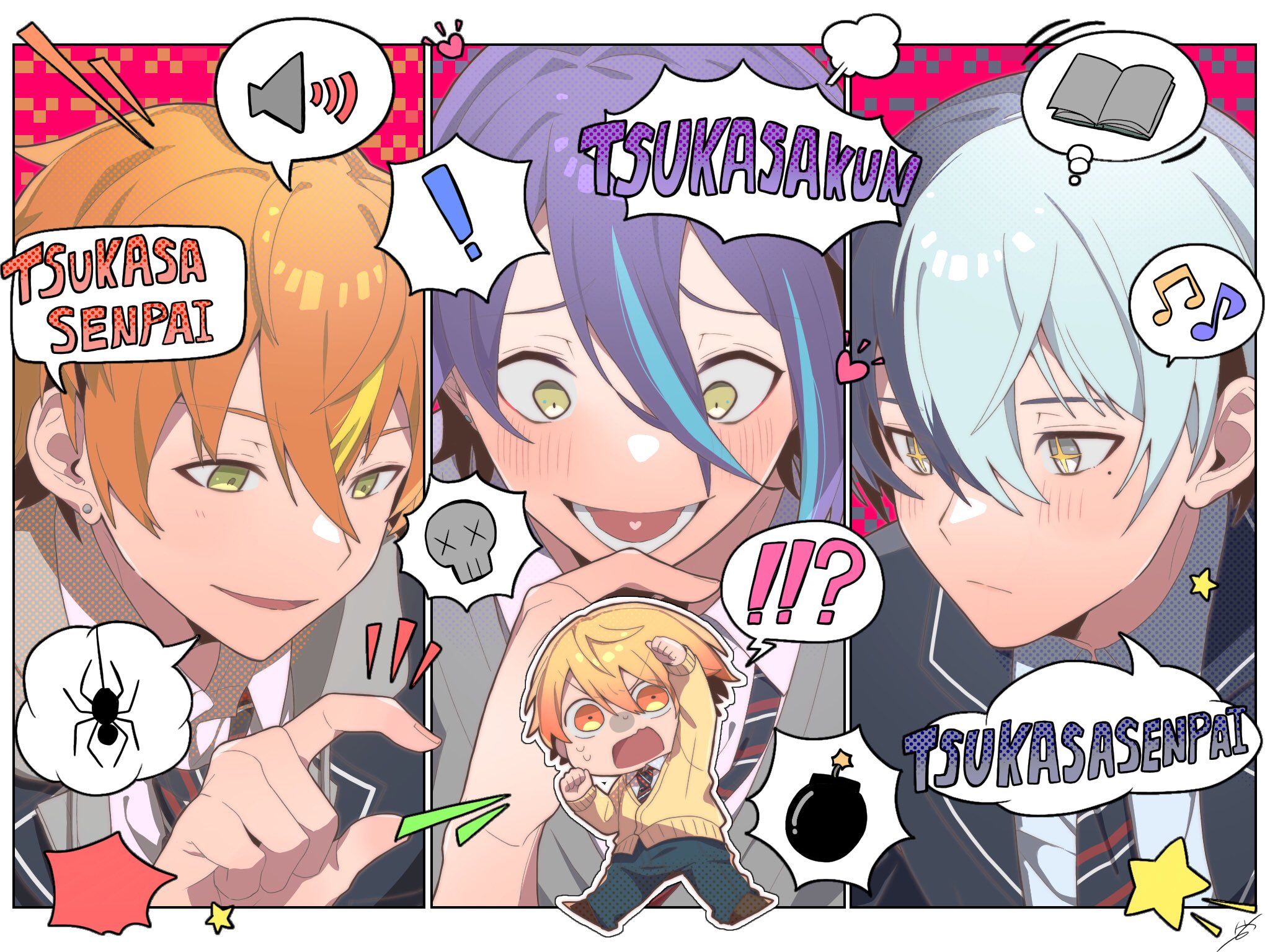 tenma tsukasa, kamishiro rui, shinonome akito, and aoyagi touya (project sekai) drawn