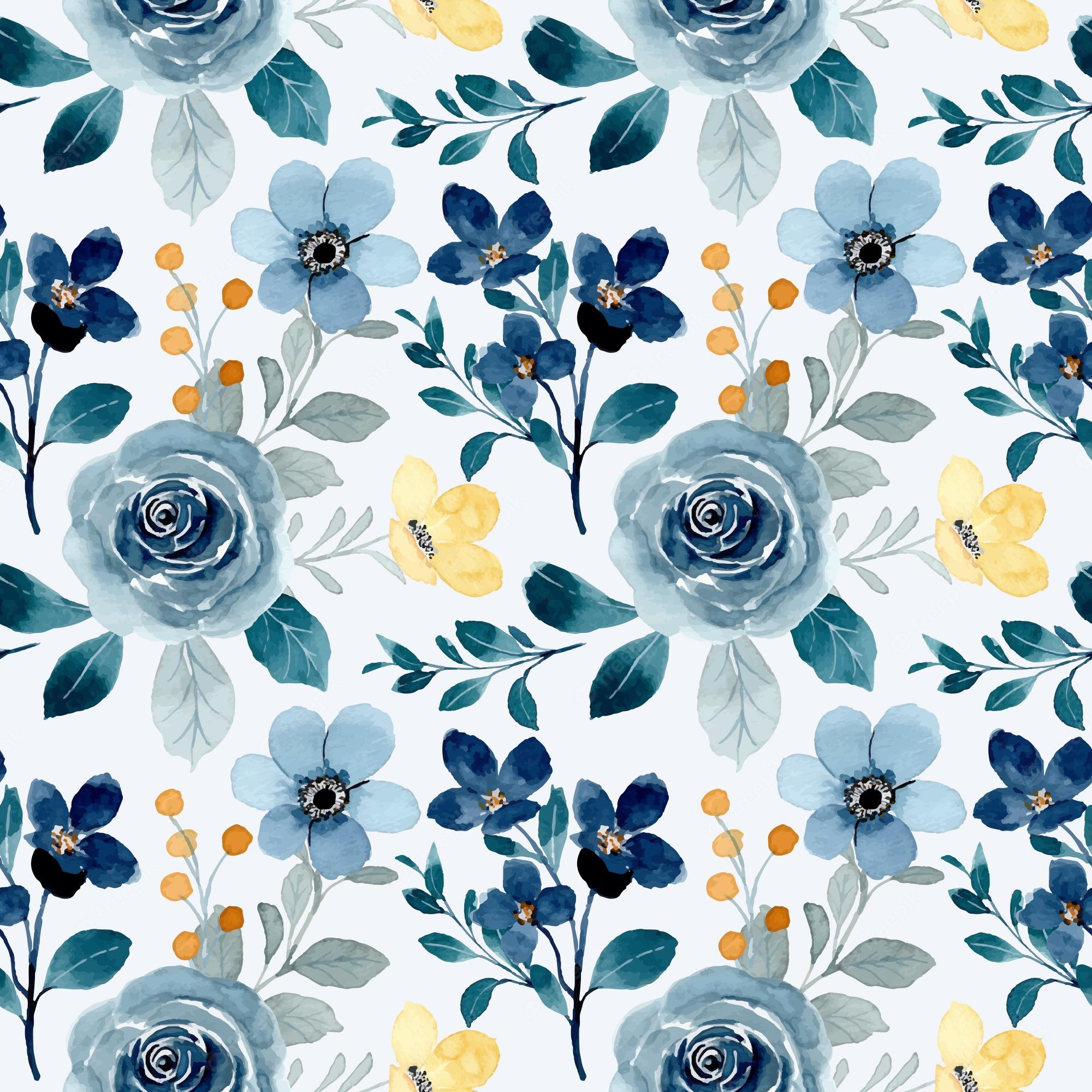 Premium Vector. Seamless pattern of blue flowers and little yellow flower with watercolor