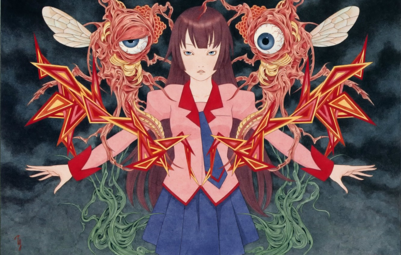 Wallpaper eyes, monster, larvae, mucus, Bakemonogatari, black magic, History of monsters, Hitagi Senjougahara, by Takato Yamamoto image for desktop, section сёнэн