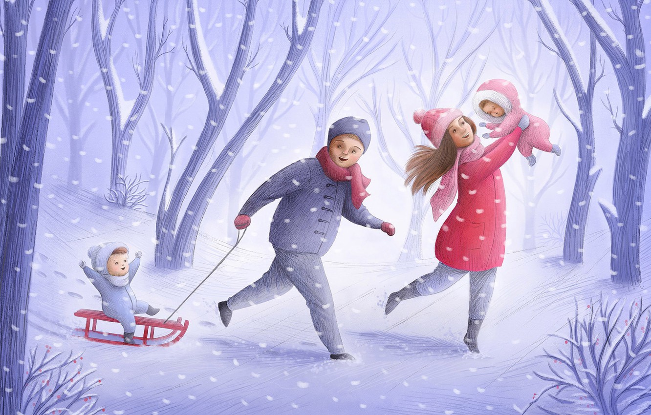 Wallpaper winter, snow, family, art image for desktop, section живопись