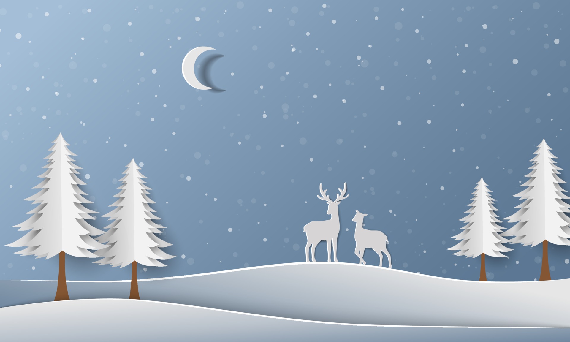 Winter forest with deer family on paper art background