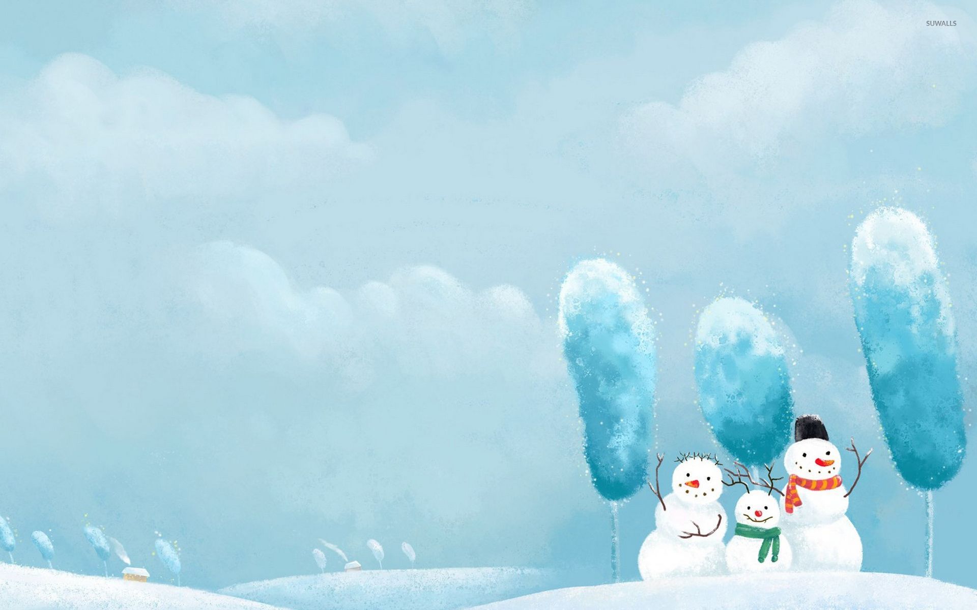 Happy snowman family waving wallpaper Art wallpaper