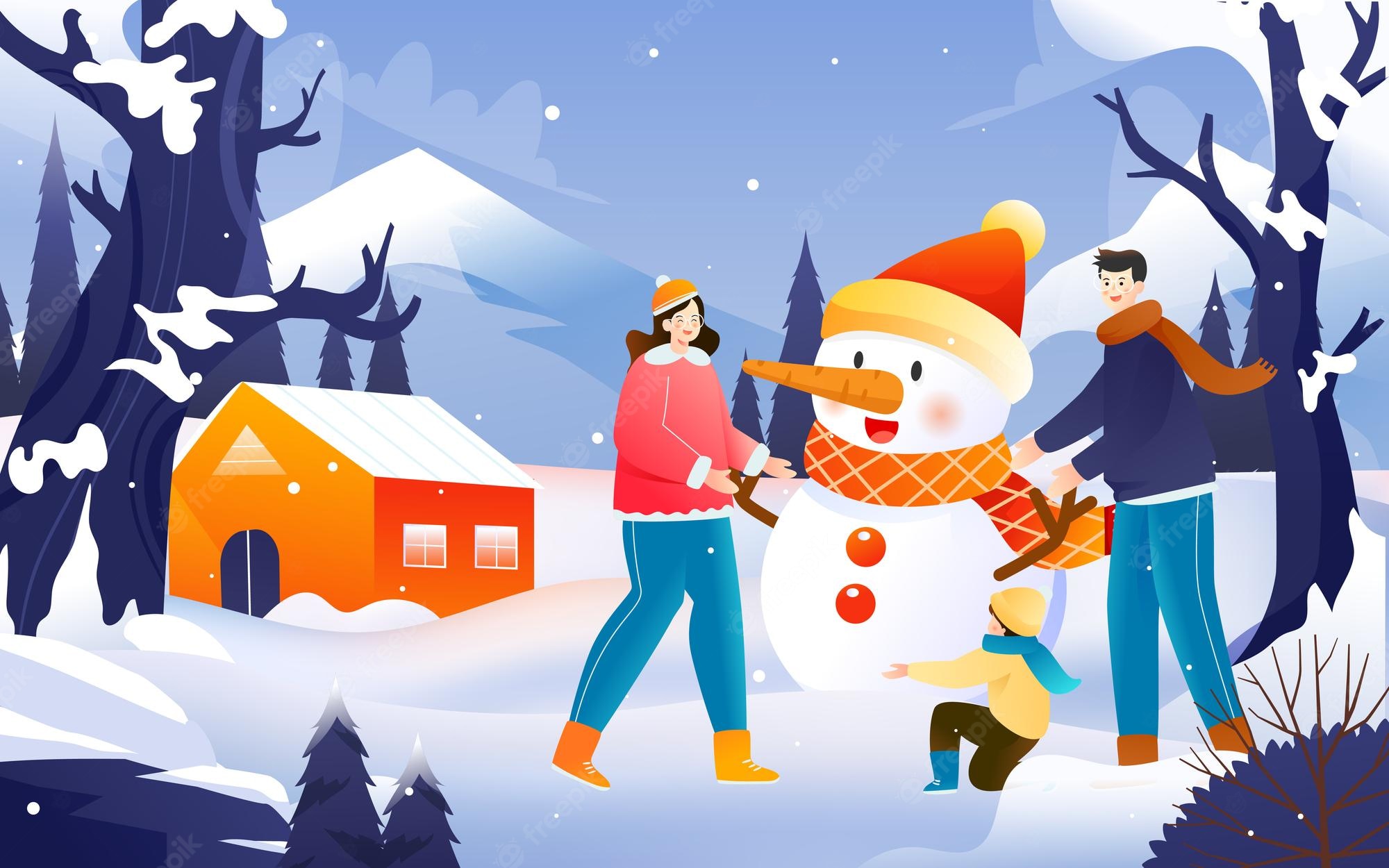Premium Vector. Family making snowman outdoors in winter snowy weather with house and trees in the background