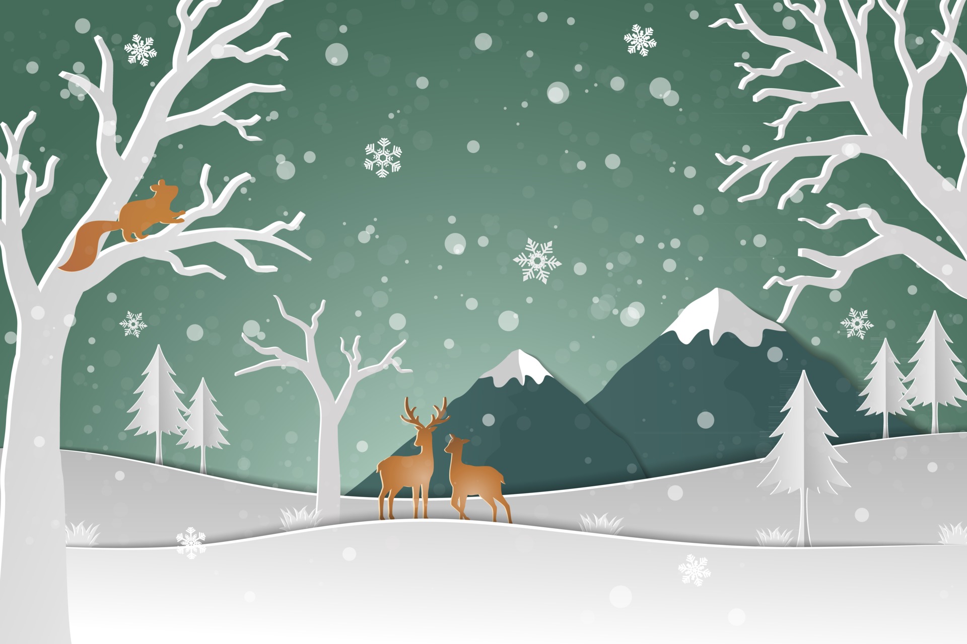 Deer family with winter snow in the forest abstract background Happy new year and Merry Christmas on paper art style