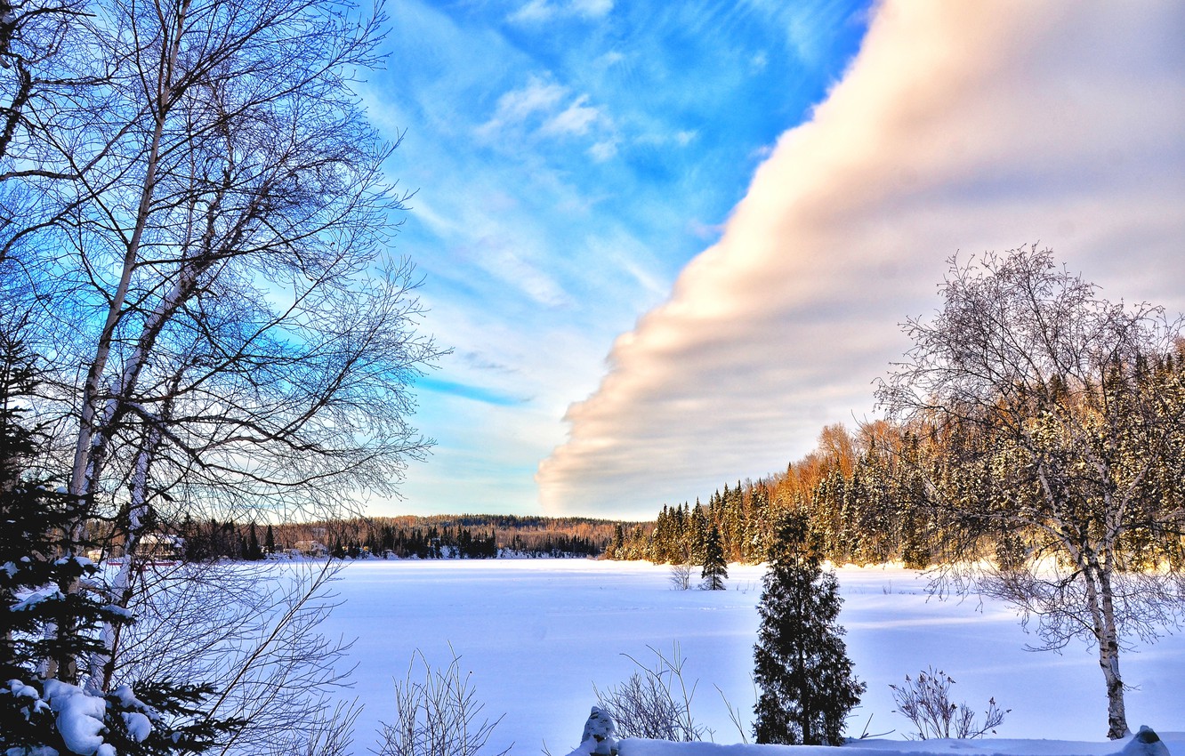 Wallpaper Canada, Winter, Water, Snow, clouds, Dawn, Blue sky, North wood, Ice Lake, Cold scenery, morning Nature image for desktop, section пейзажи